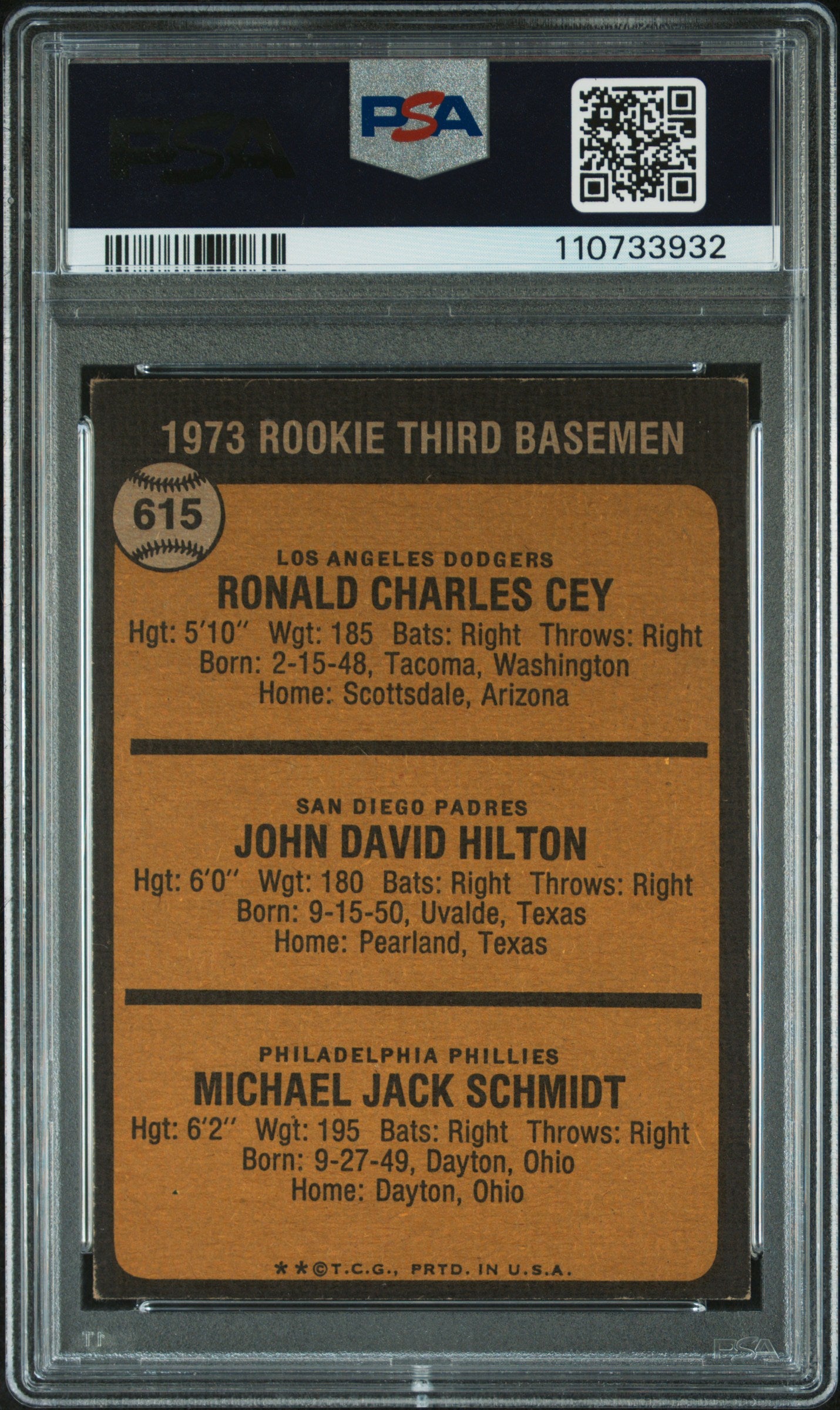 1973 Topps Rookie 3RD Basemen #615 Cey Hilton Schmidt PSA 4
