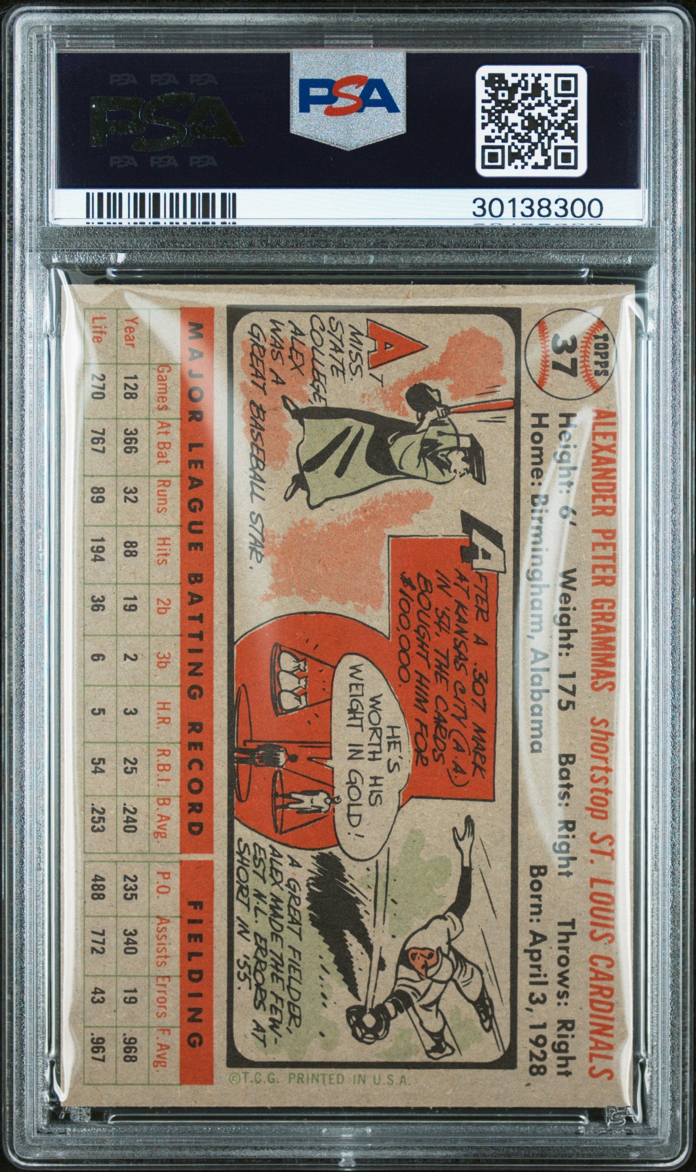 1956 Topps Alex Grammas #37 Gray Back PSA 8