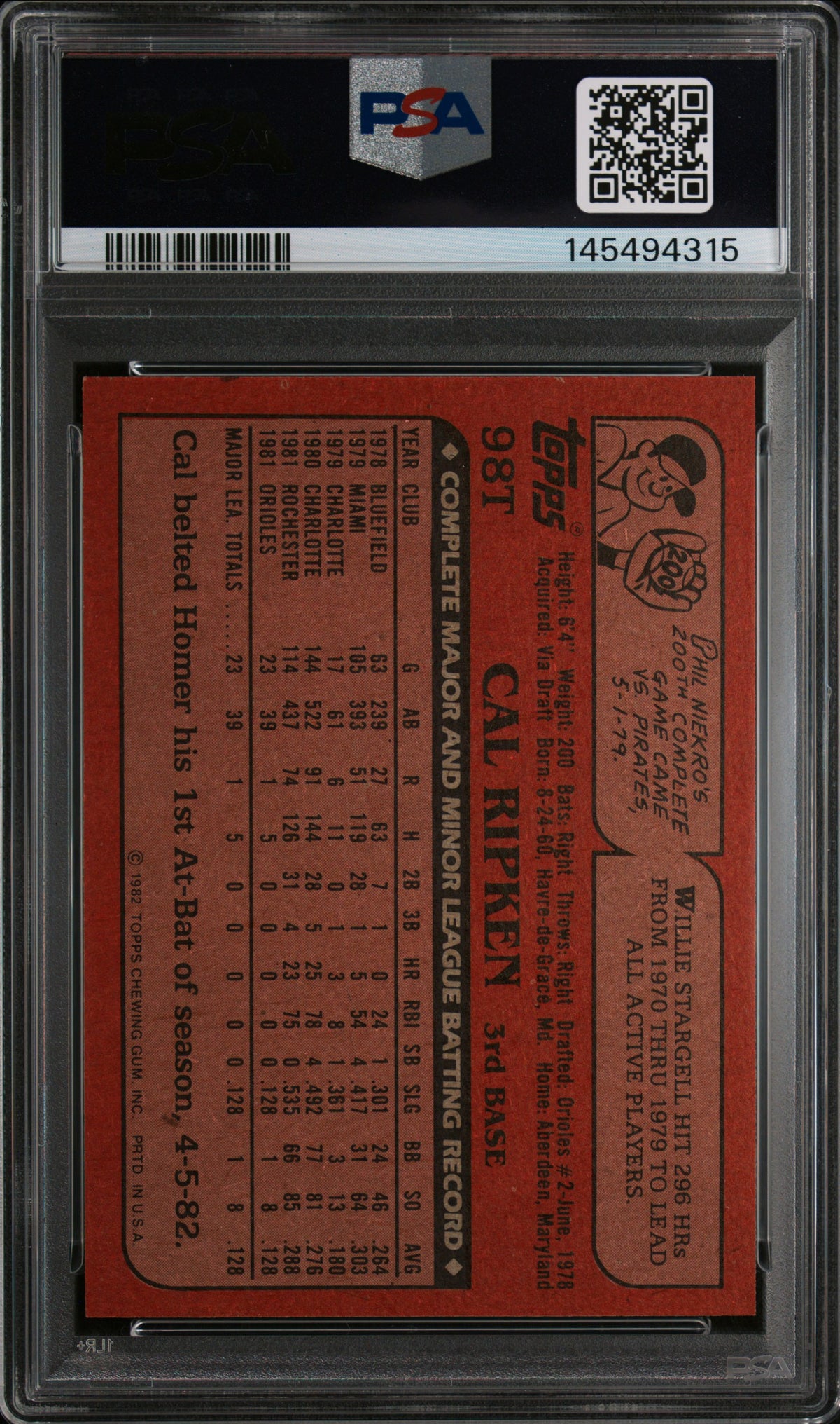 1982 Topps Traded Cal Ripken JR. #98T PSA 9
