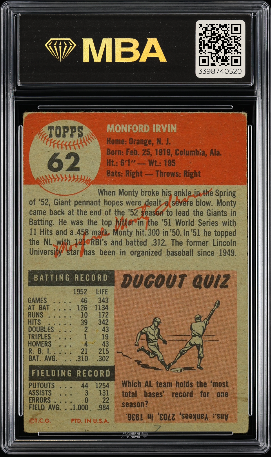 1953 Topps Monte Irvin #62 MBA 3