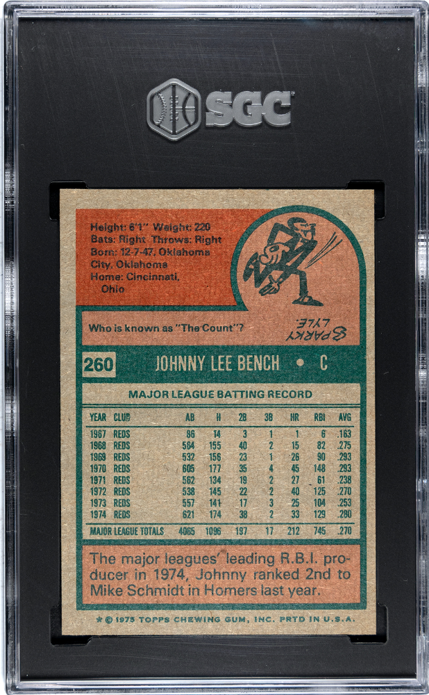 1975 Topps Johnny Bench #260 SGC 8