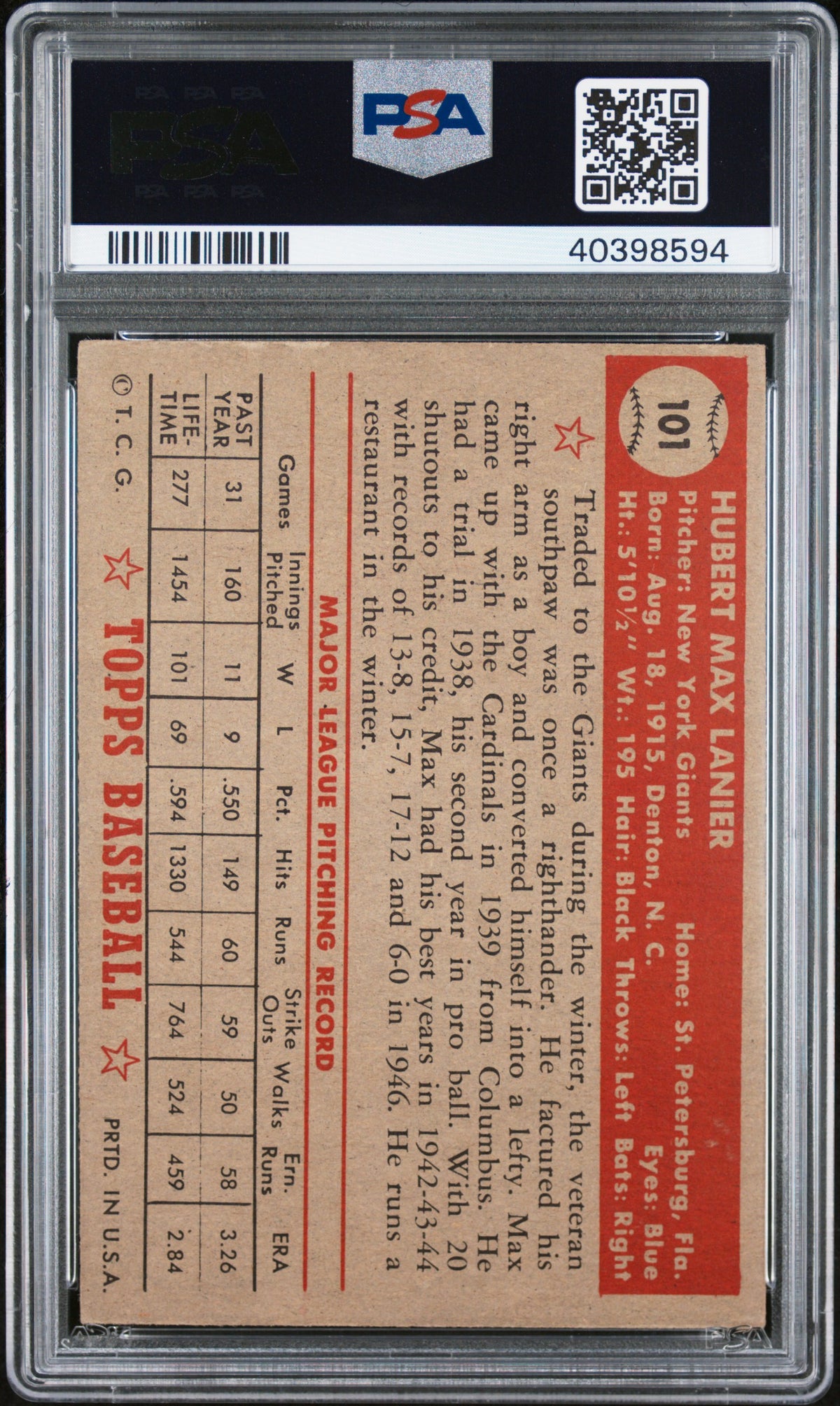 1952 Topps Max Lanier #101 PSA 7