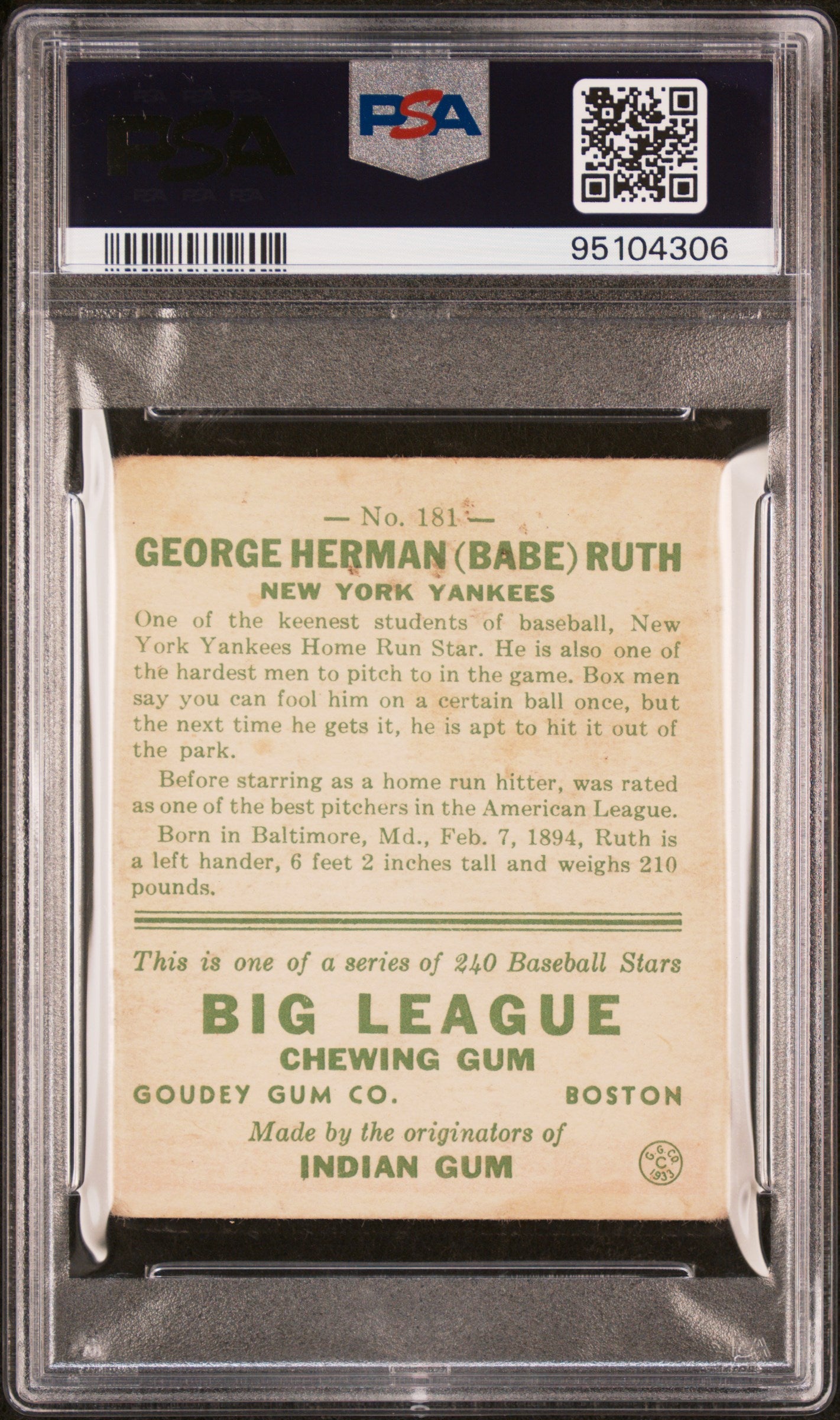 1933 Goudey Babe Ruth #181 PSA 2