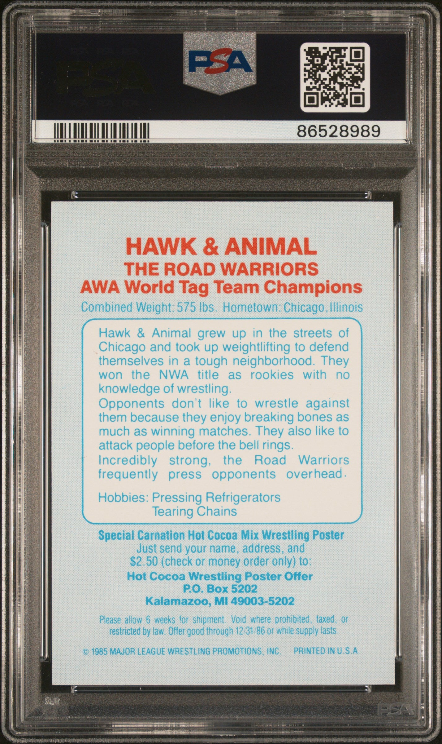 1986 Carnation Major League Wrestling The Road Warriors PSA 5