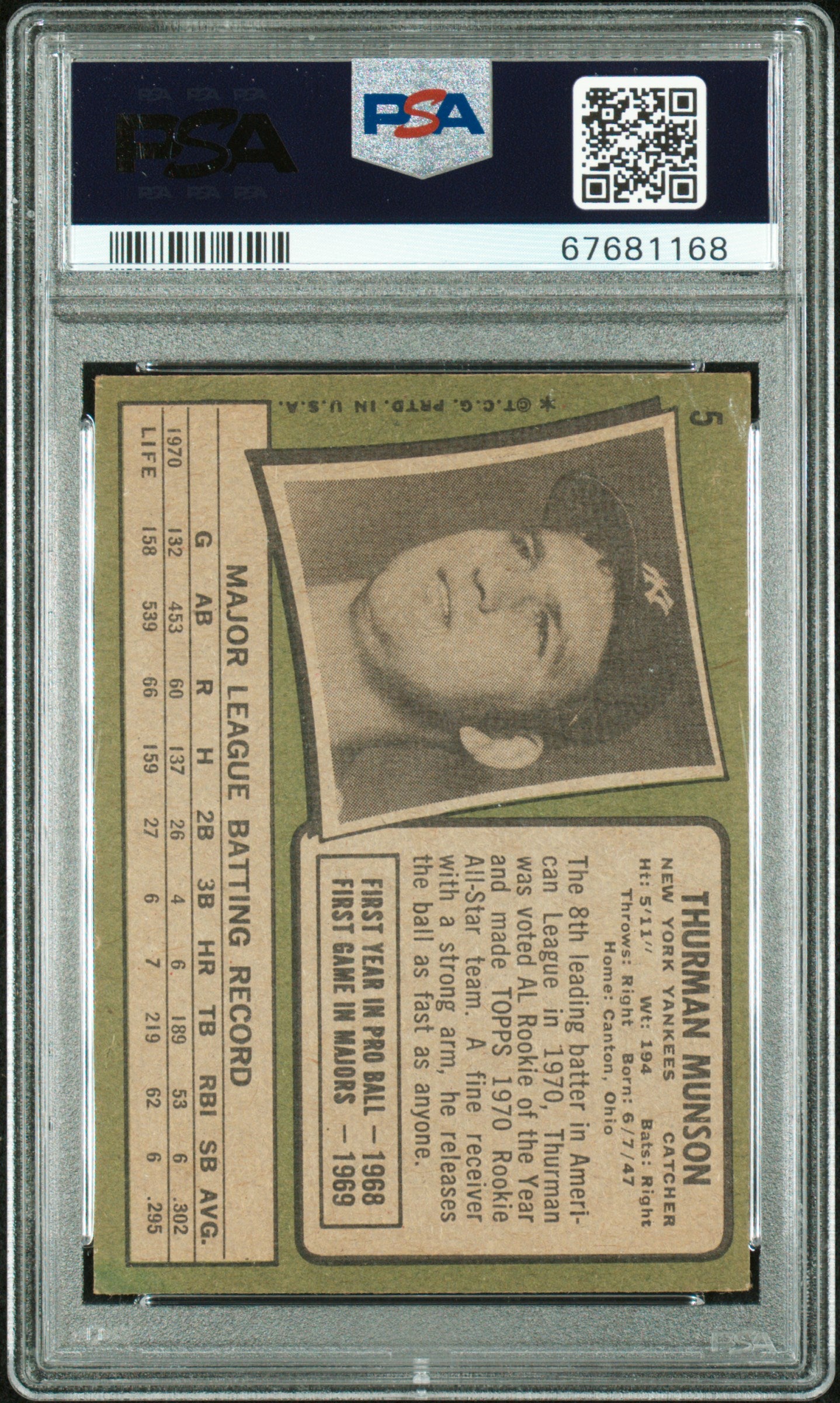 1971 Topps Thurman Munson #5 All Star Rookie PSA 3.5