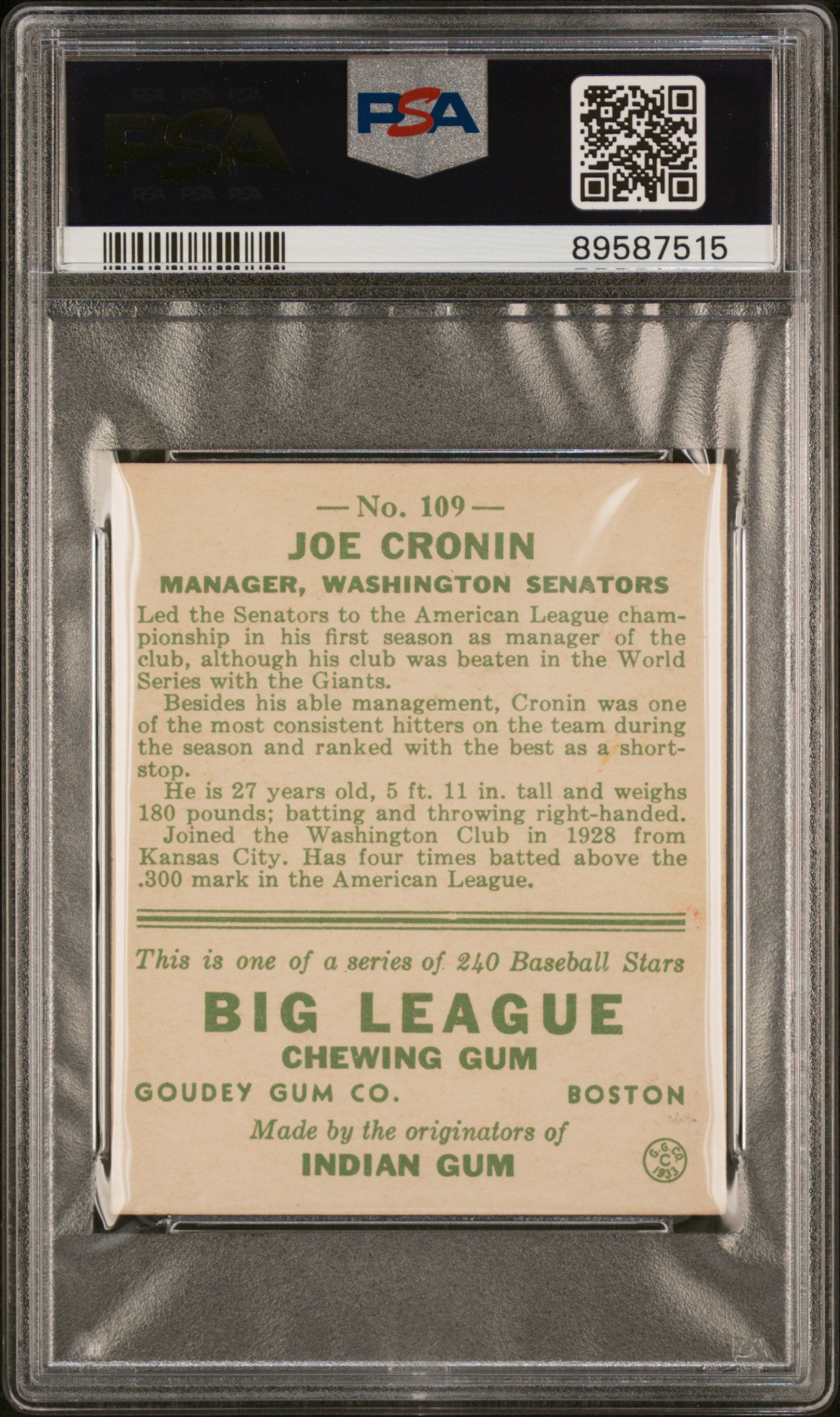1933 Goudey Joe Cronin #109 MC PSA 4