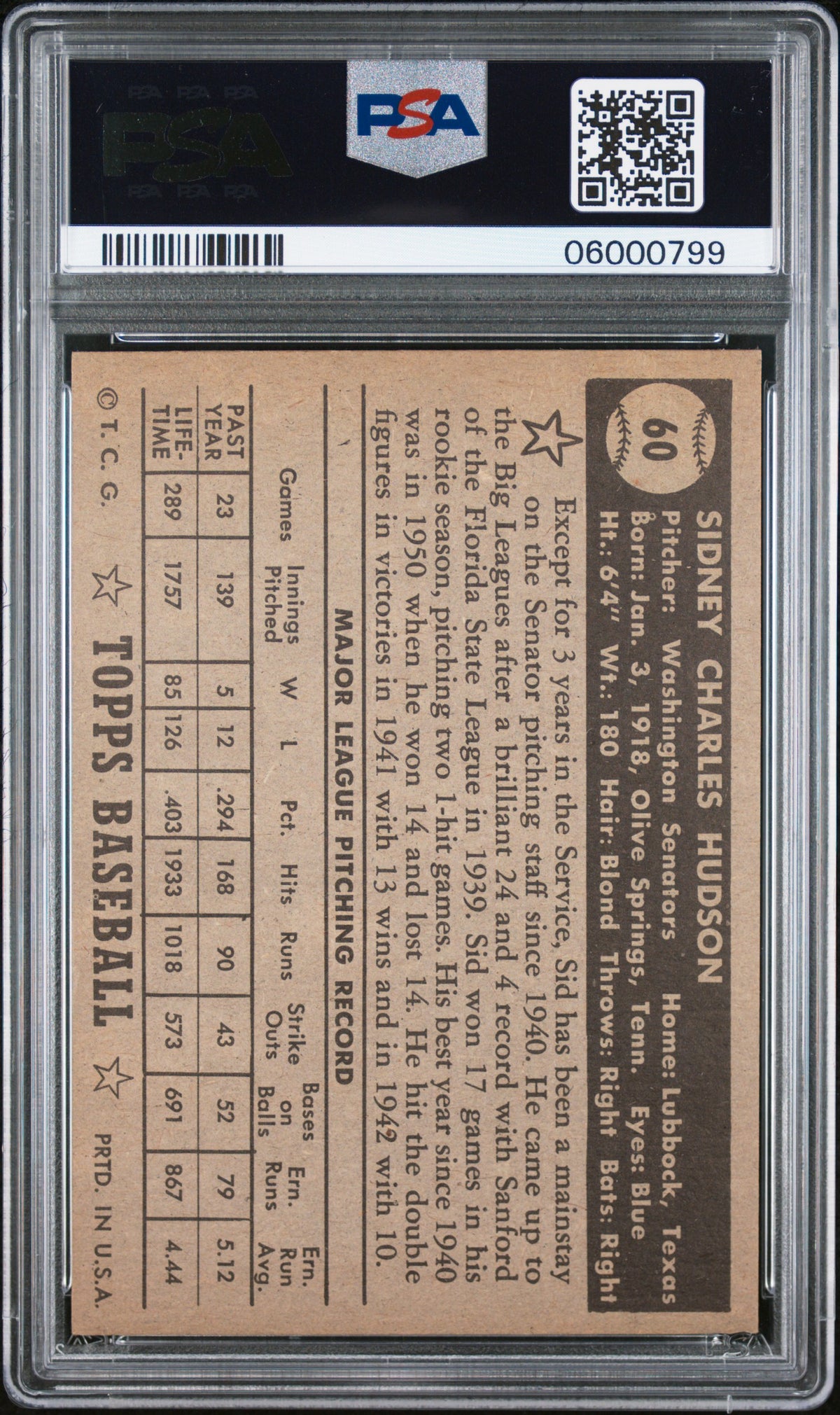 1952 Topps Sid Hudson #60 Black Back PSA 7
