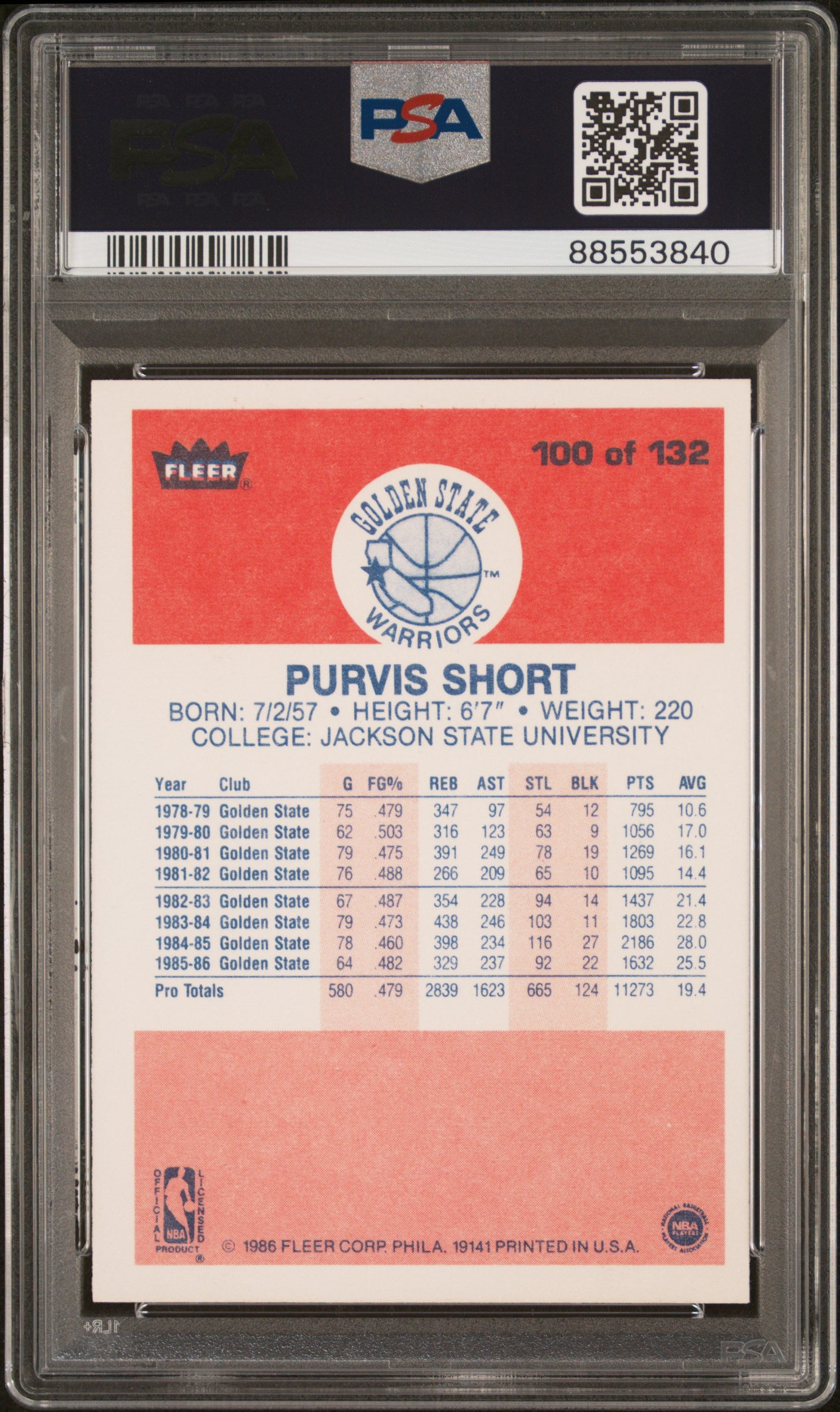 1986 Fleer Purvis Short #100 PSA 9