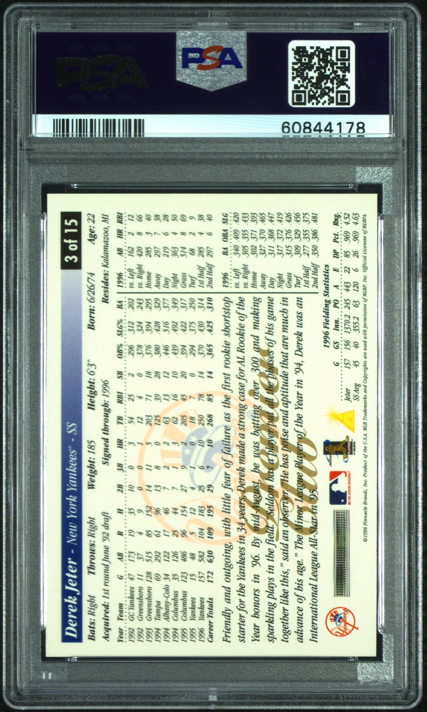 1997 Score Team Collection Derek Jeter #3 Premier Club PSA 8