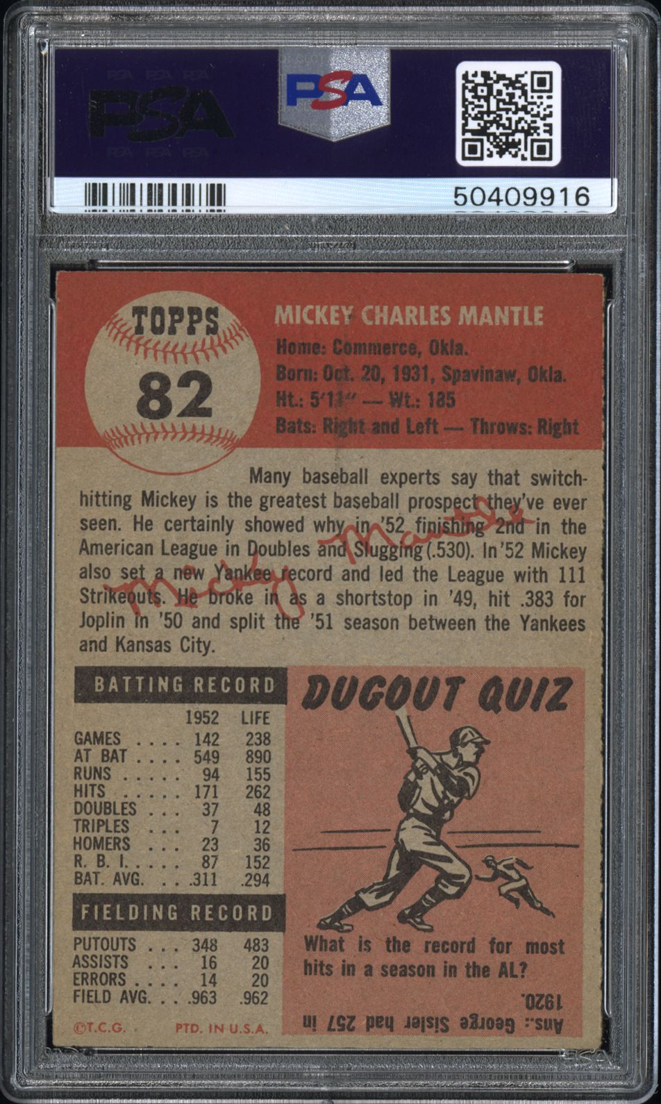 1953 Topps Mickey Mantle #82 PSA 6