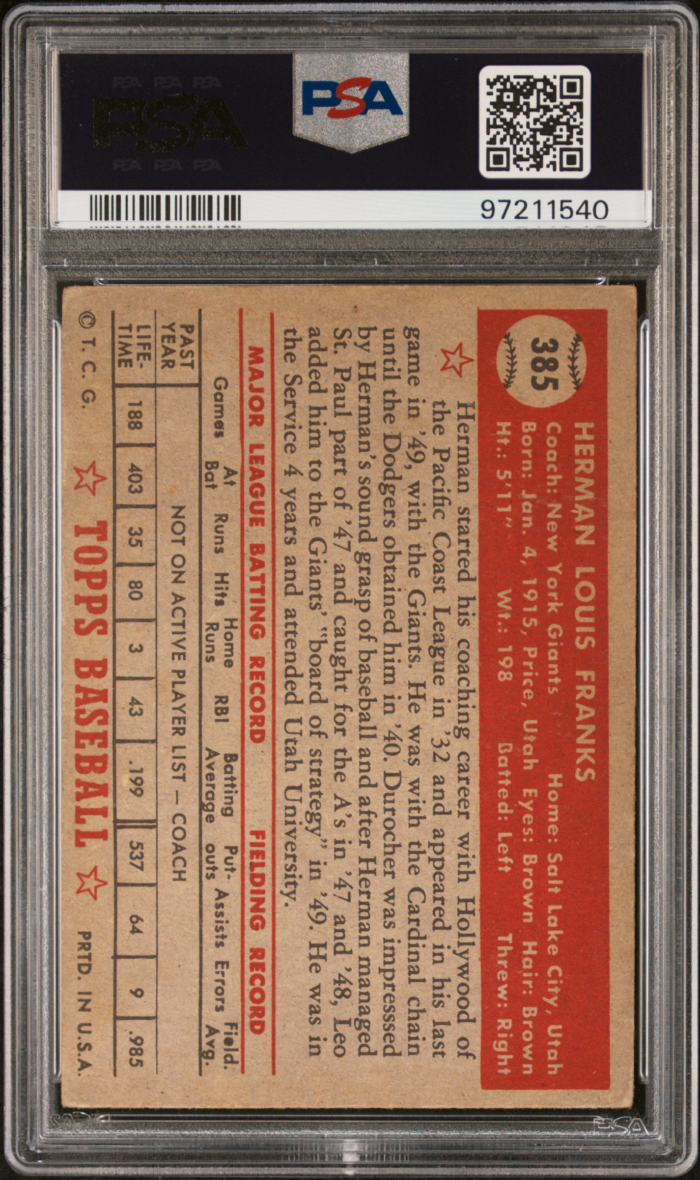 1952 Topps Herman Franks #385 PSA 3