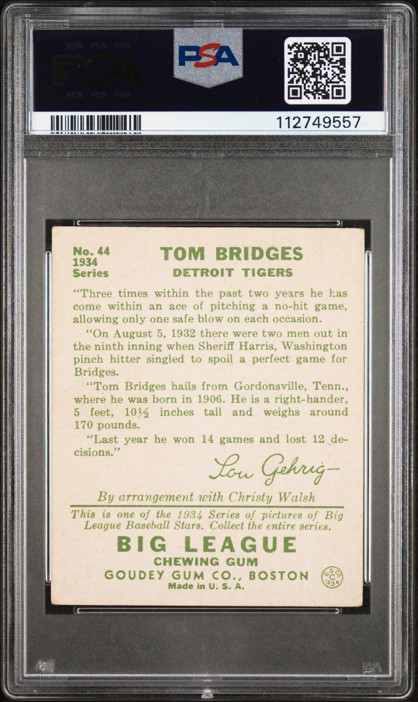 1934 Goudey Tom Bridges #44 PSA 3 MK