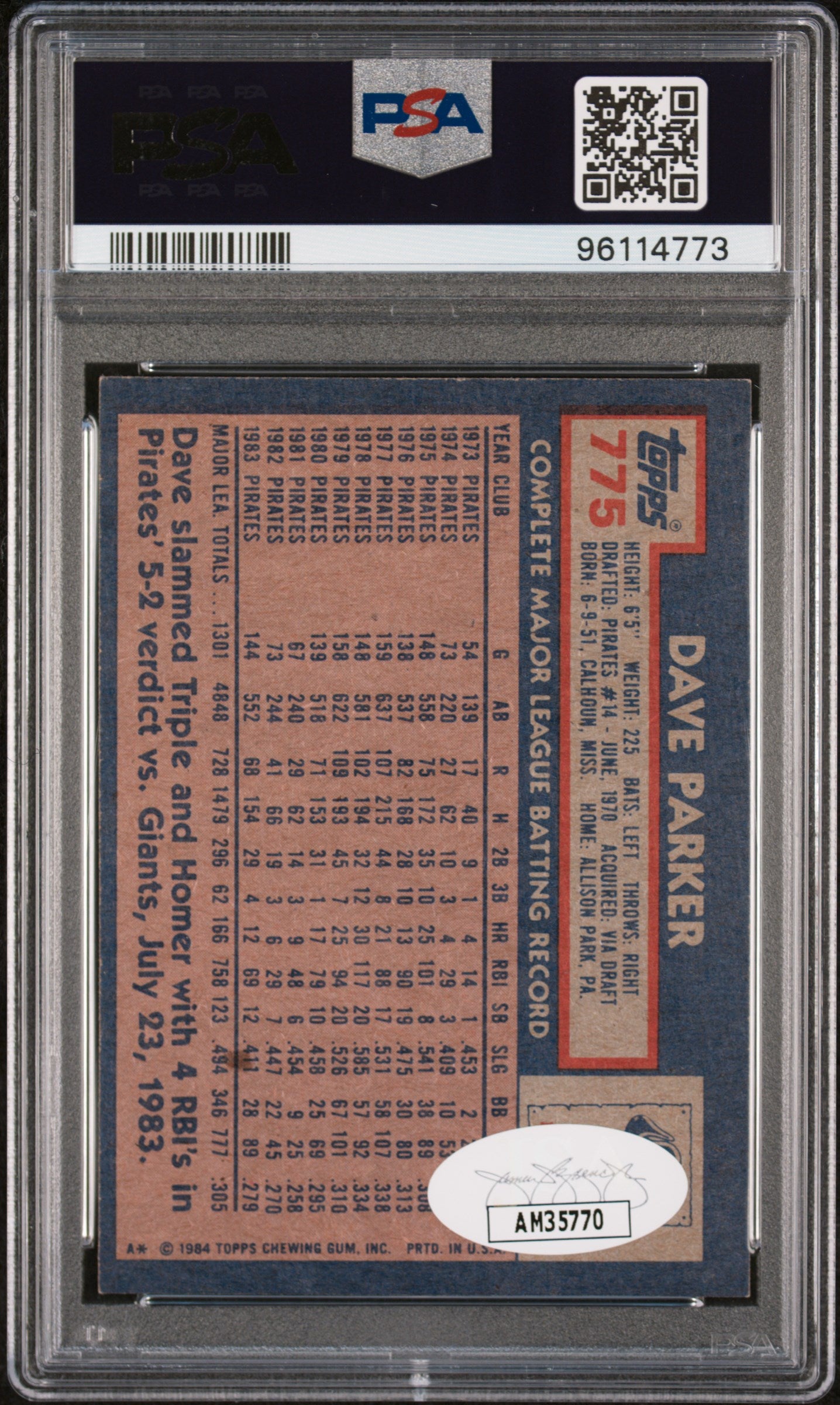 1984 Topps Dave Parker #775 PSA 8 Auto 10