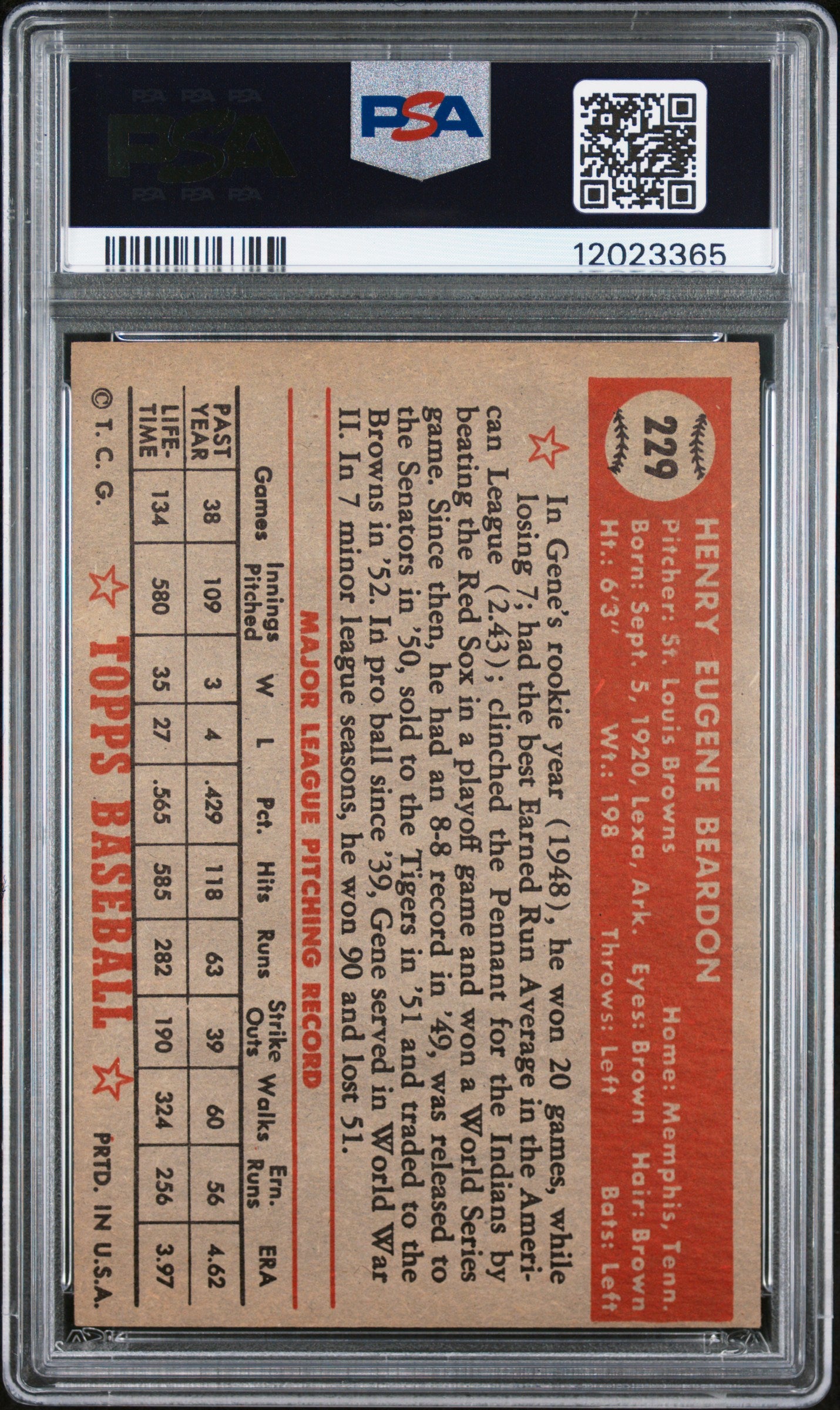 1952 Topps Gene Beardon #229 PSA 7