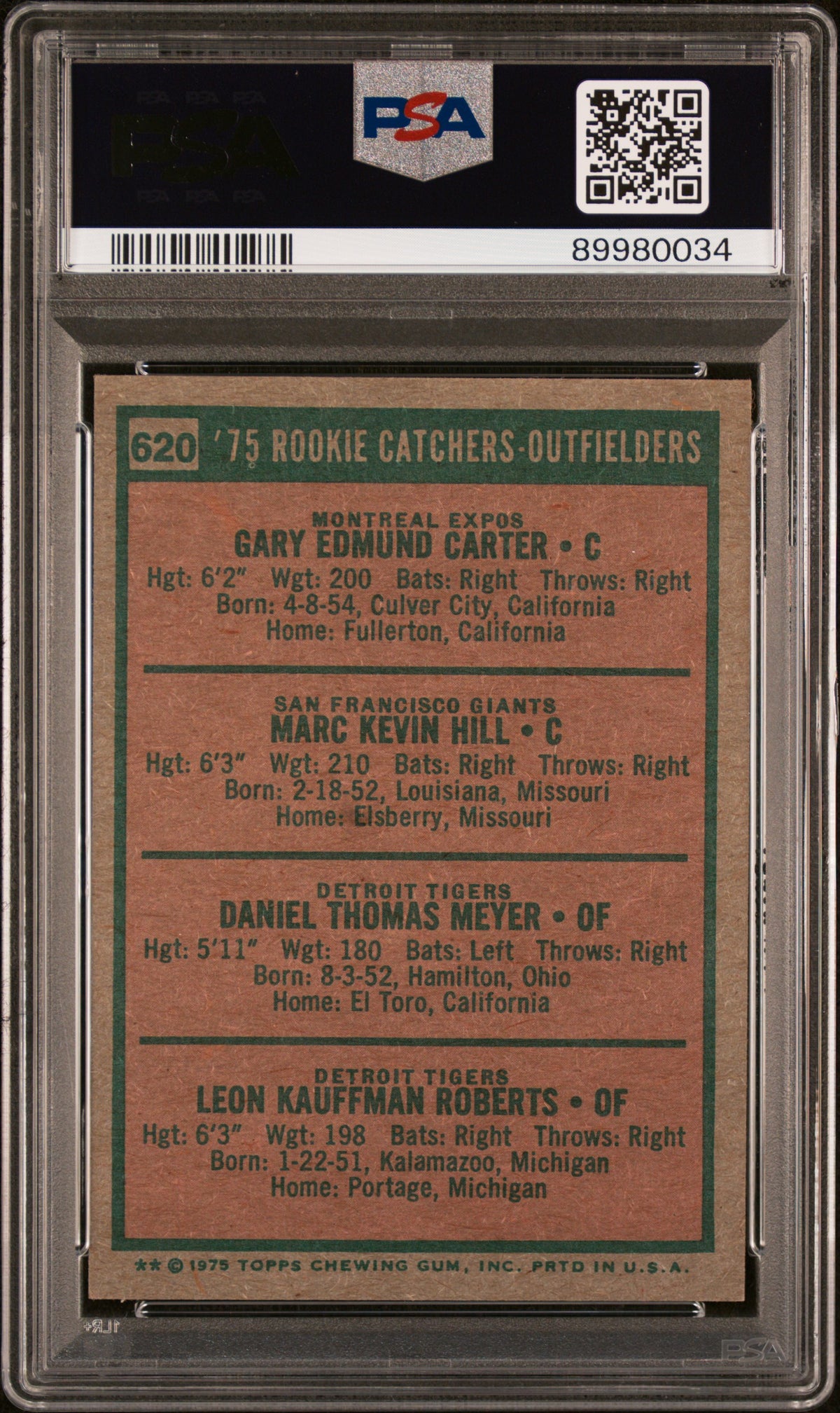 1975 Topps Rookie Catchers- #620 Outfielders PSA 8