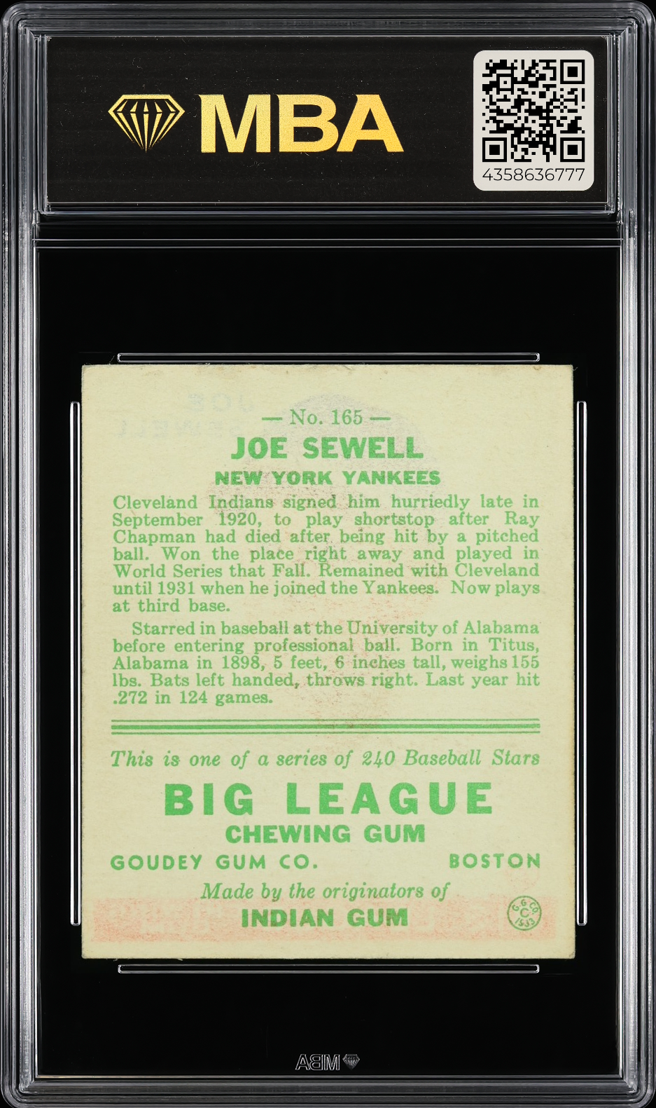 1933 Goudey Joe Sewell #165 MBA 4