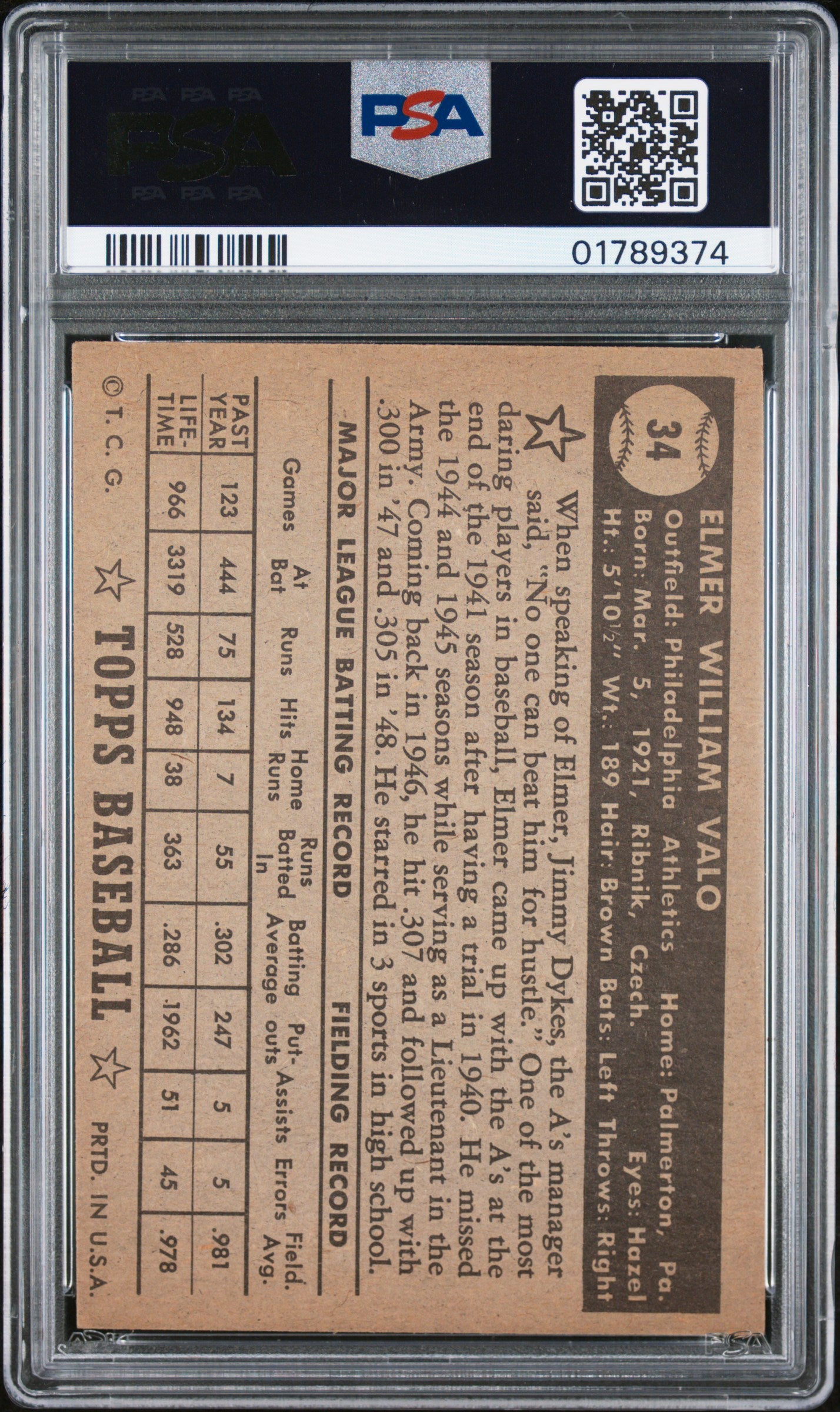 1952 Topps Elmer Valo #34 Black Back PSA 7