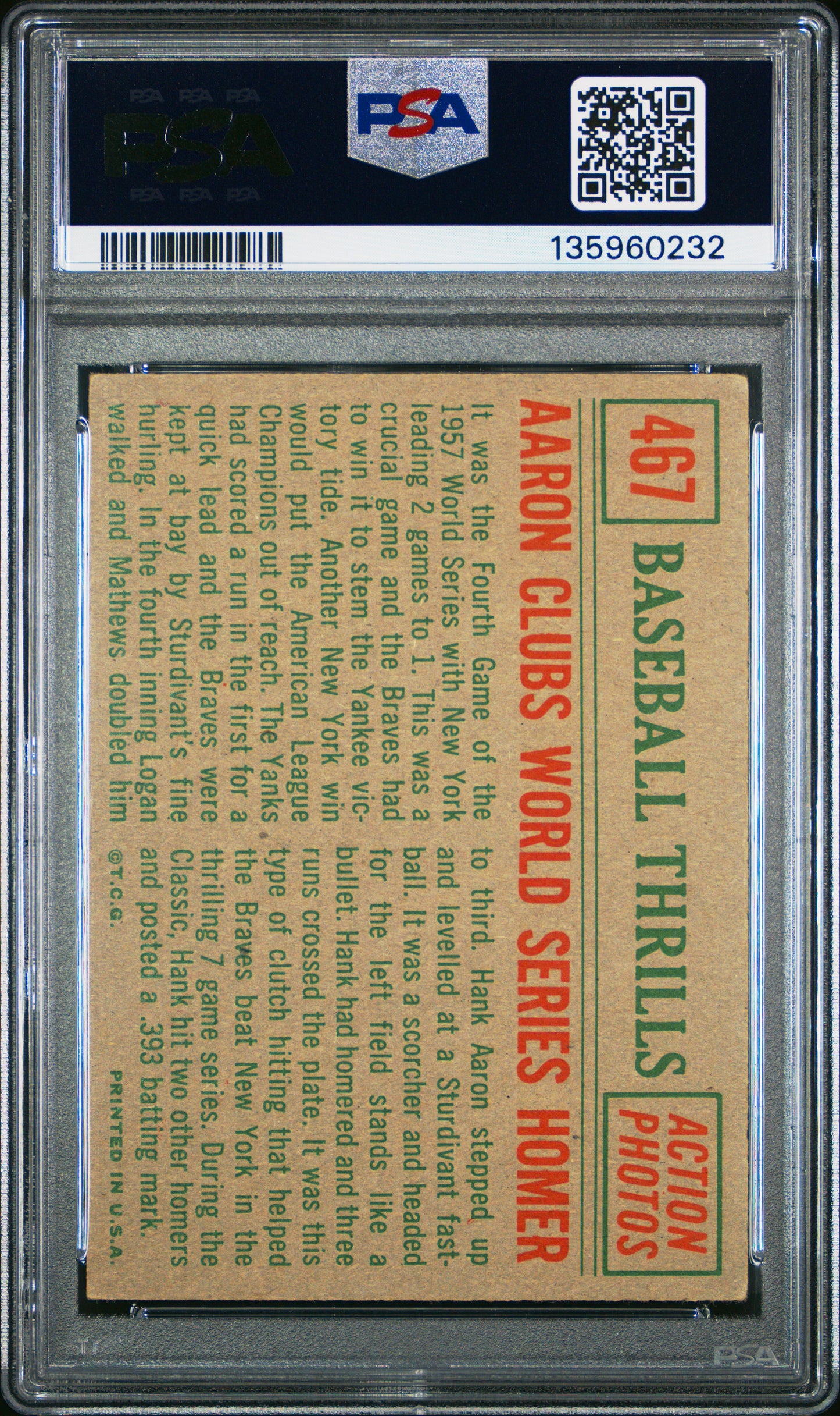 1959 Topps Aaron Clubs World #467 Series Homer PSA 3.5