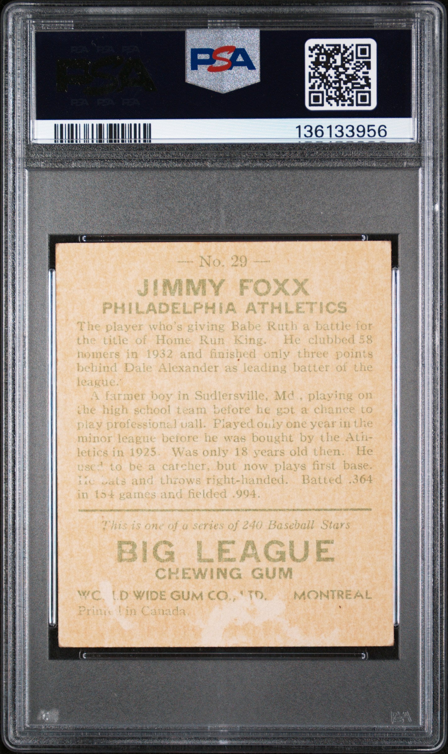 1933 World Wide Gum Jimmy Foxx #29 English Only PSA 1