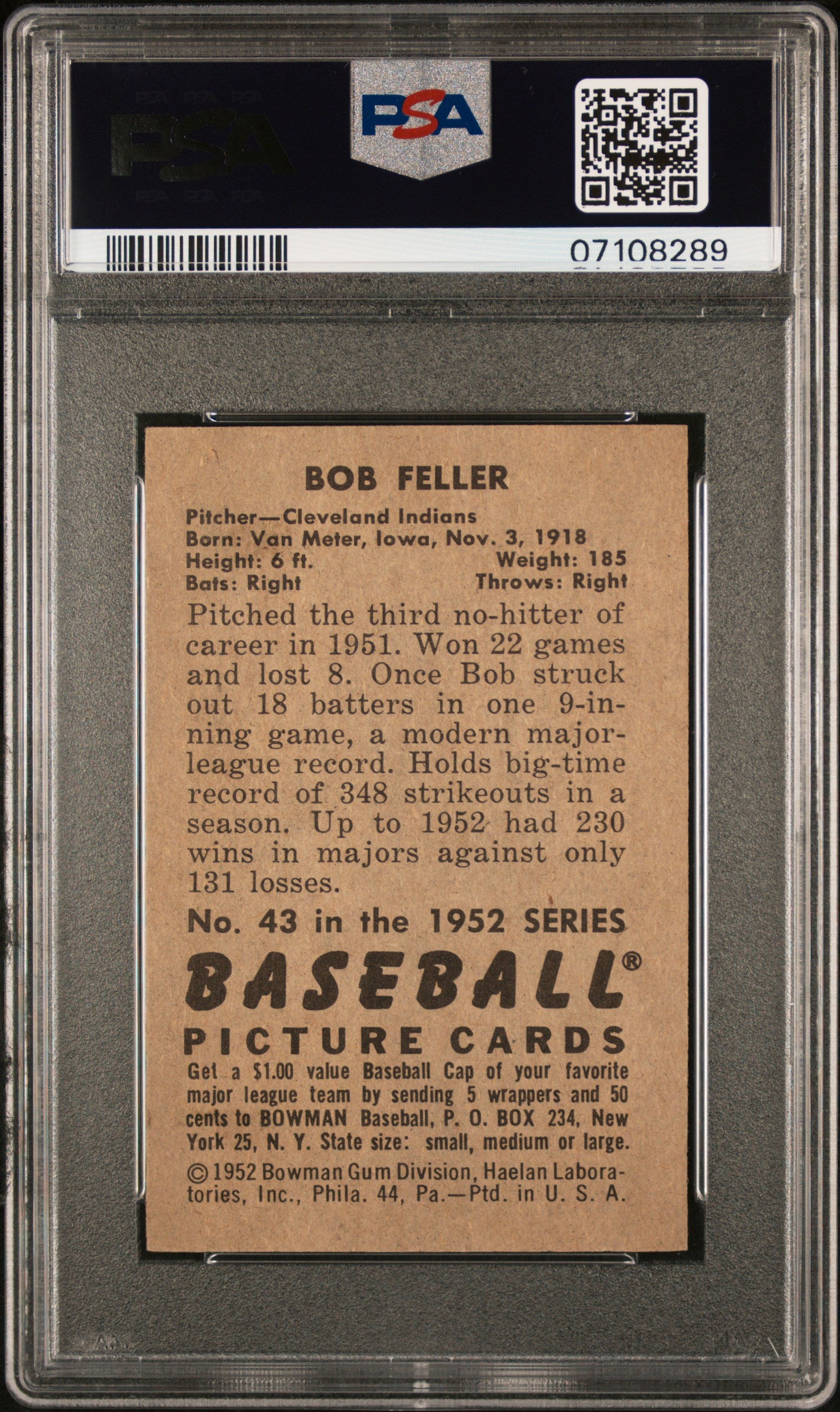 1952 Bowman Bob Feller #43 PSA 8