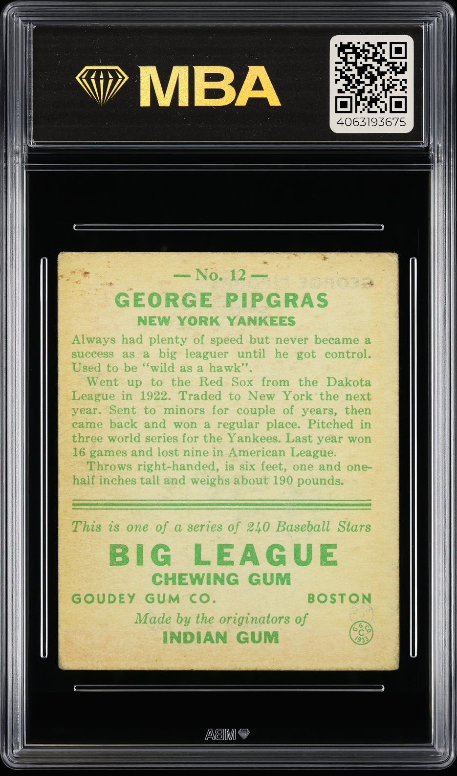 1933 Goudey George Pipgras #12 MBA 3