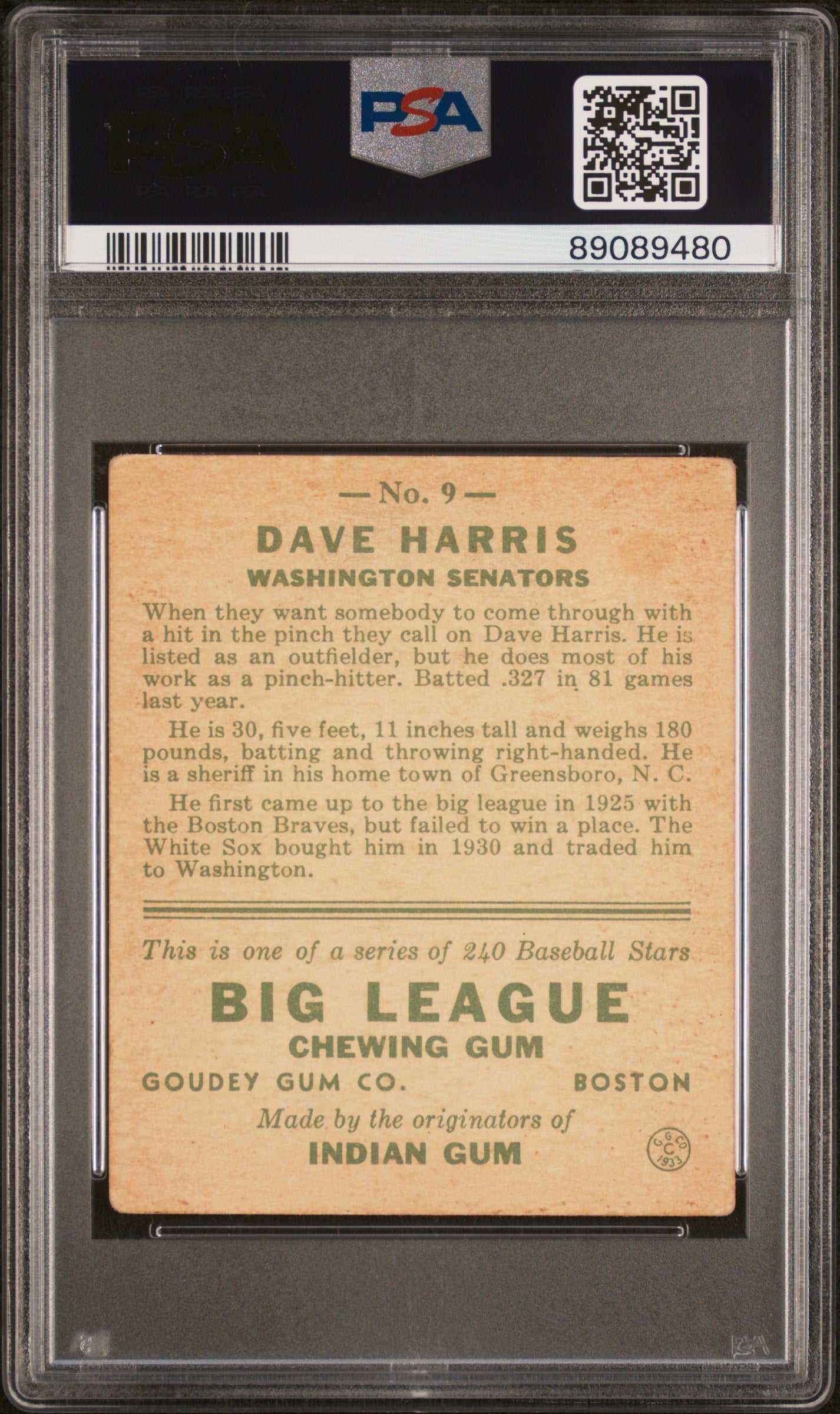 1933 Goudey Dave Harris #9 PSA 2