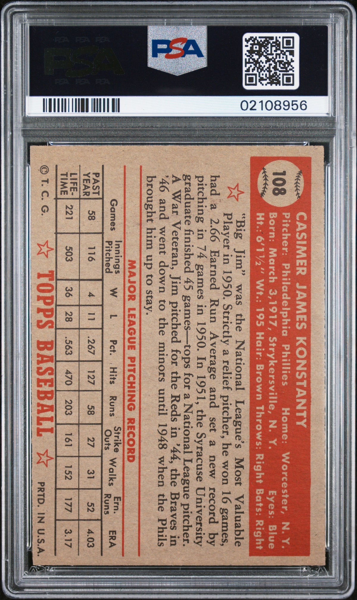 1952 Topps Jim Konstanty #108 PSA 7