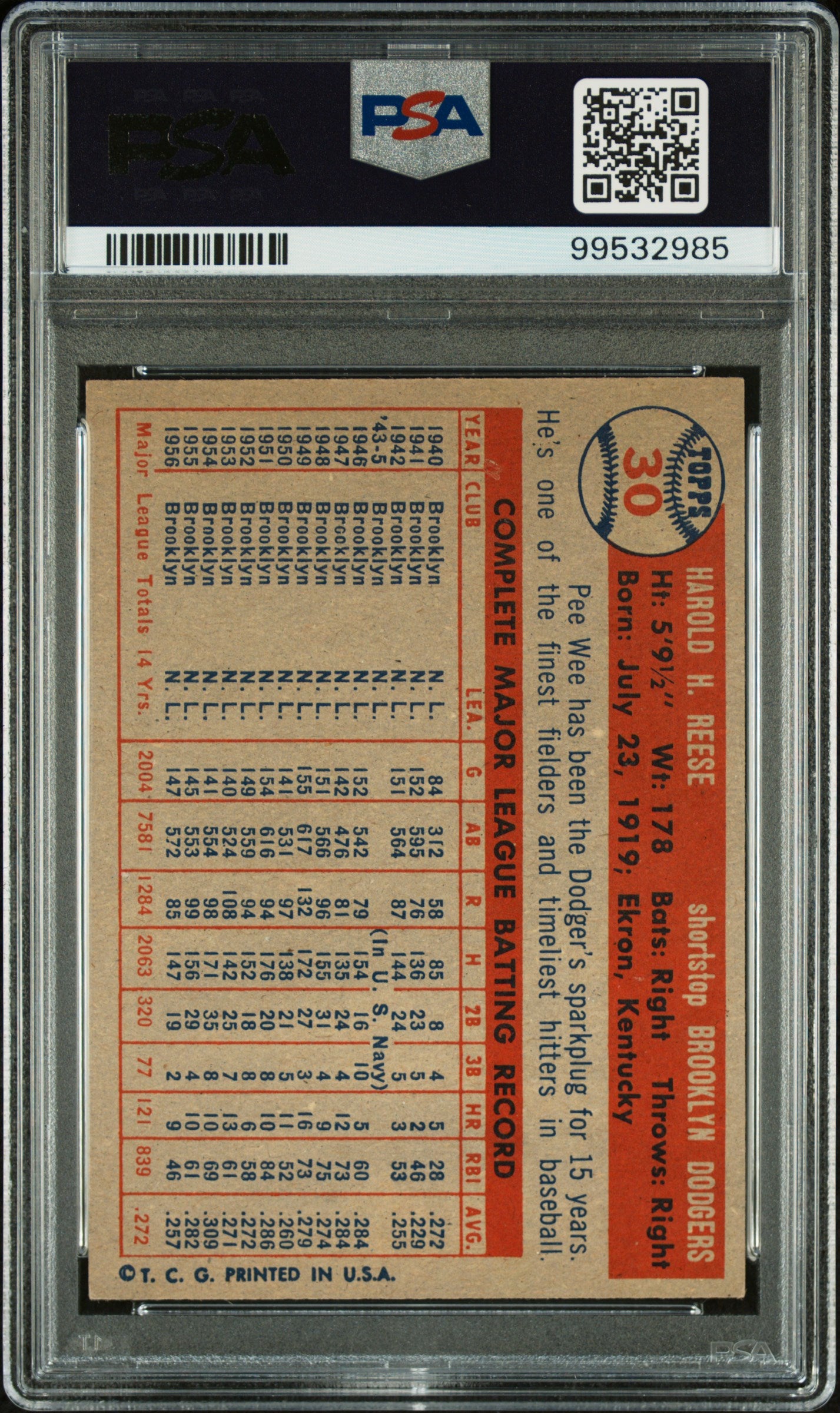 1957 Topps Pee Wee Reese #30 PSA 7
