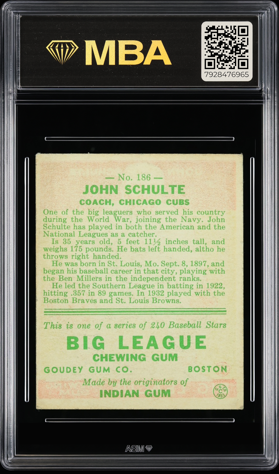 1933 Goudey John Schulte #186 MBA 3