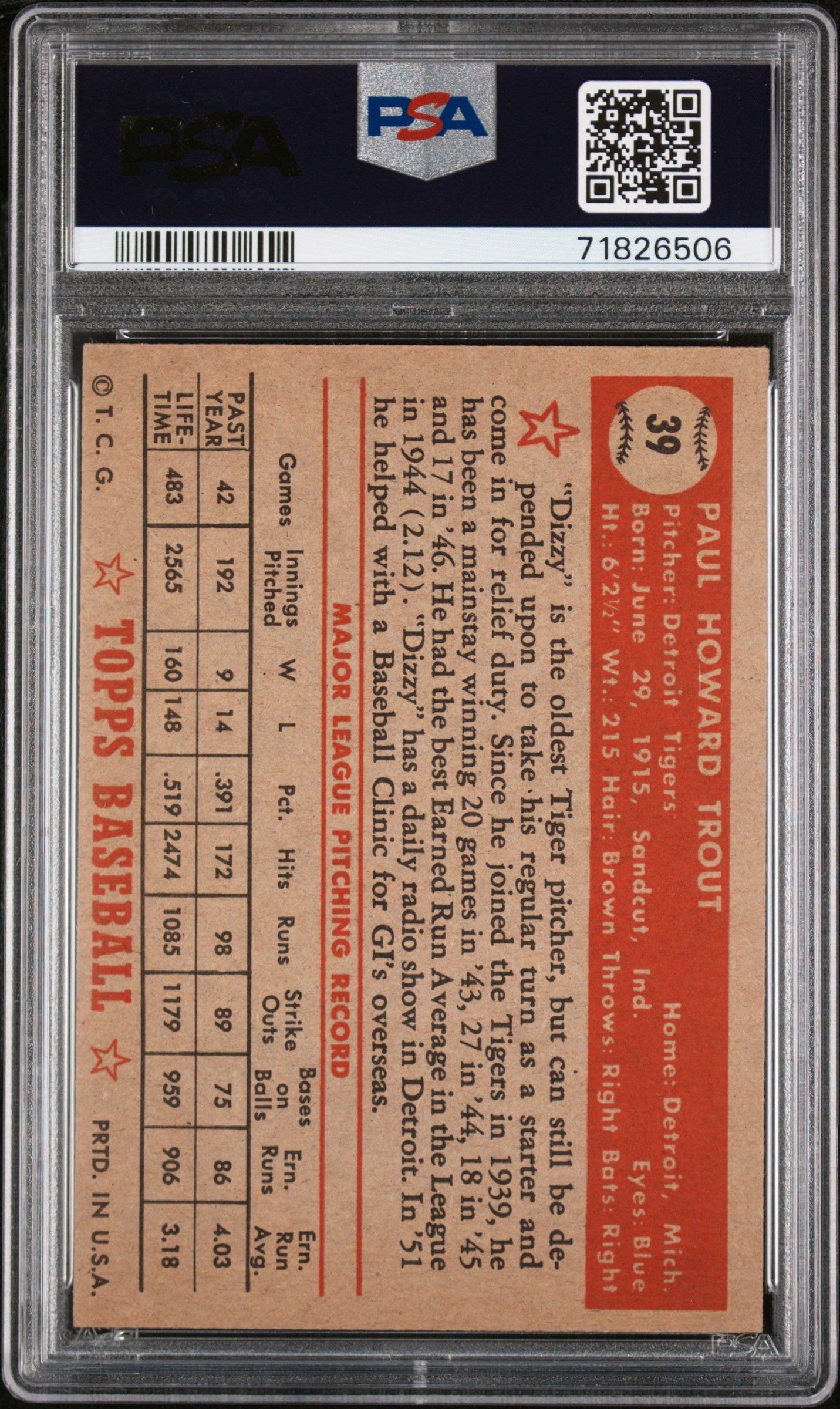 1952 Topps Dizzy Trout #39 PSA 5