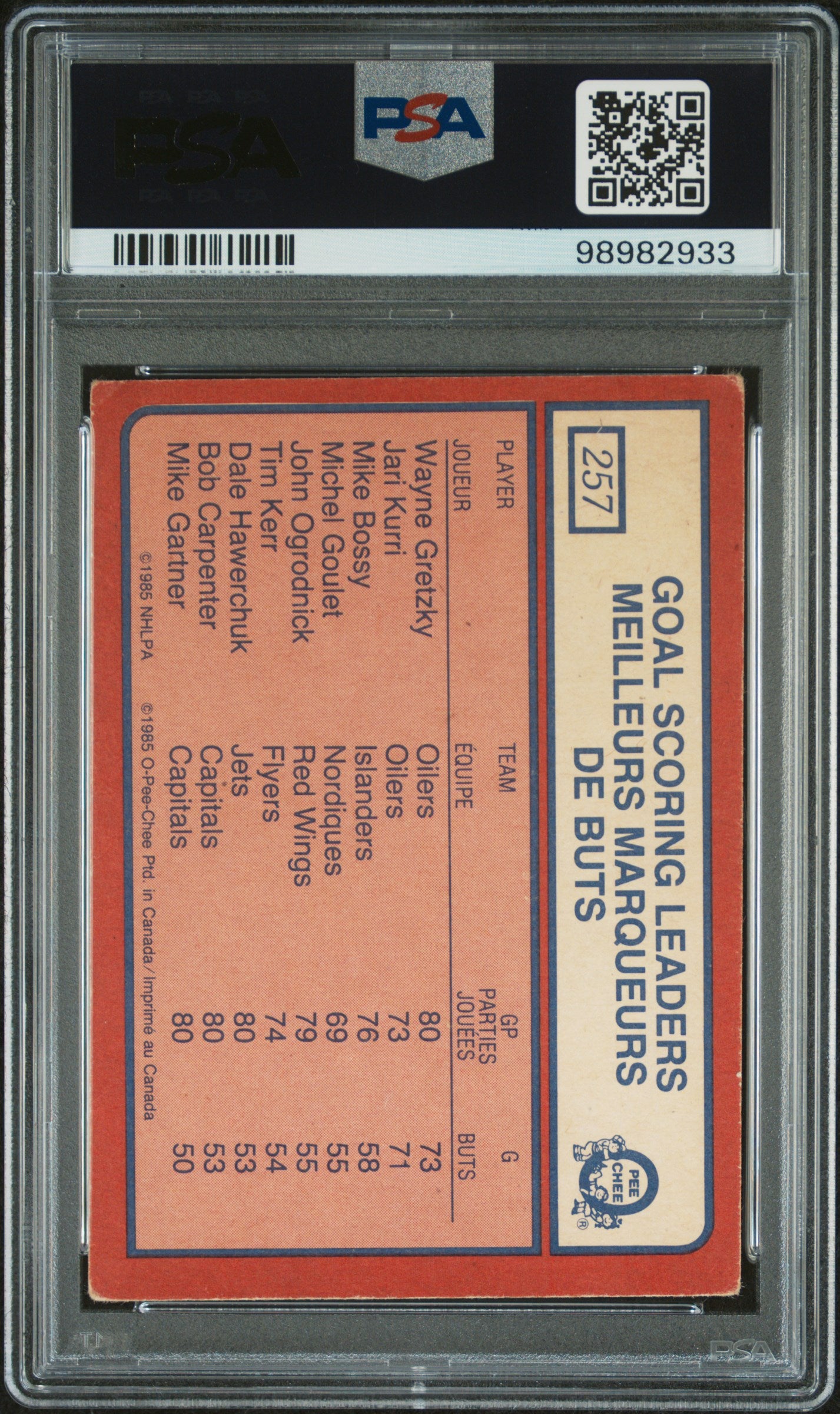 1985 O-Pee-Chee Wayne Gretzky #257 Goals Leaders PSA A Auto 10