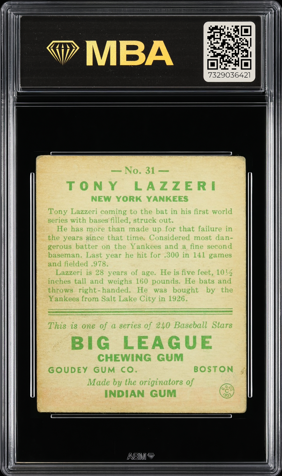 1933 Goudey Tony Lazzeri #31 MBA 3