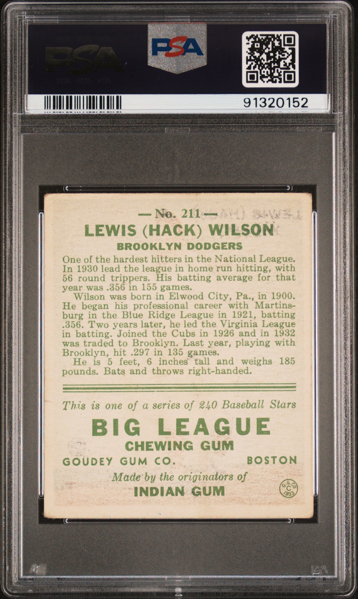 1933 Goudey Hack Wilson #211 PSA 3