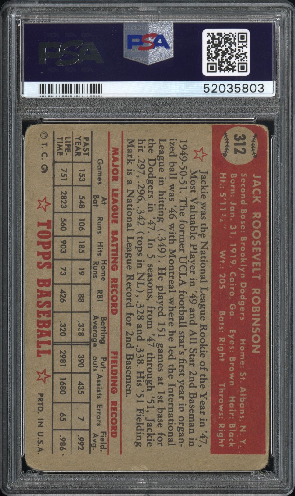 1952 Topps Jackie Robinson #312 PSA 2
