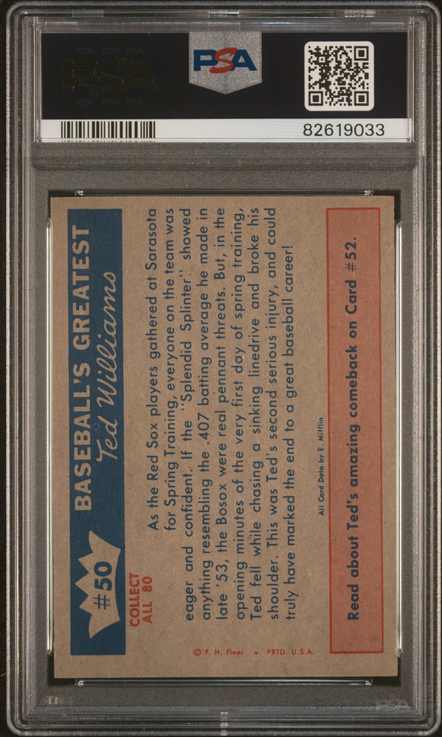 1959 Fleer Ted Williams March 1954-Spring #50 Injury PSA 10