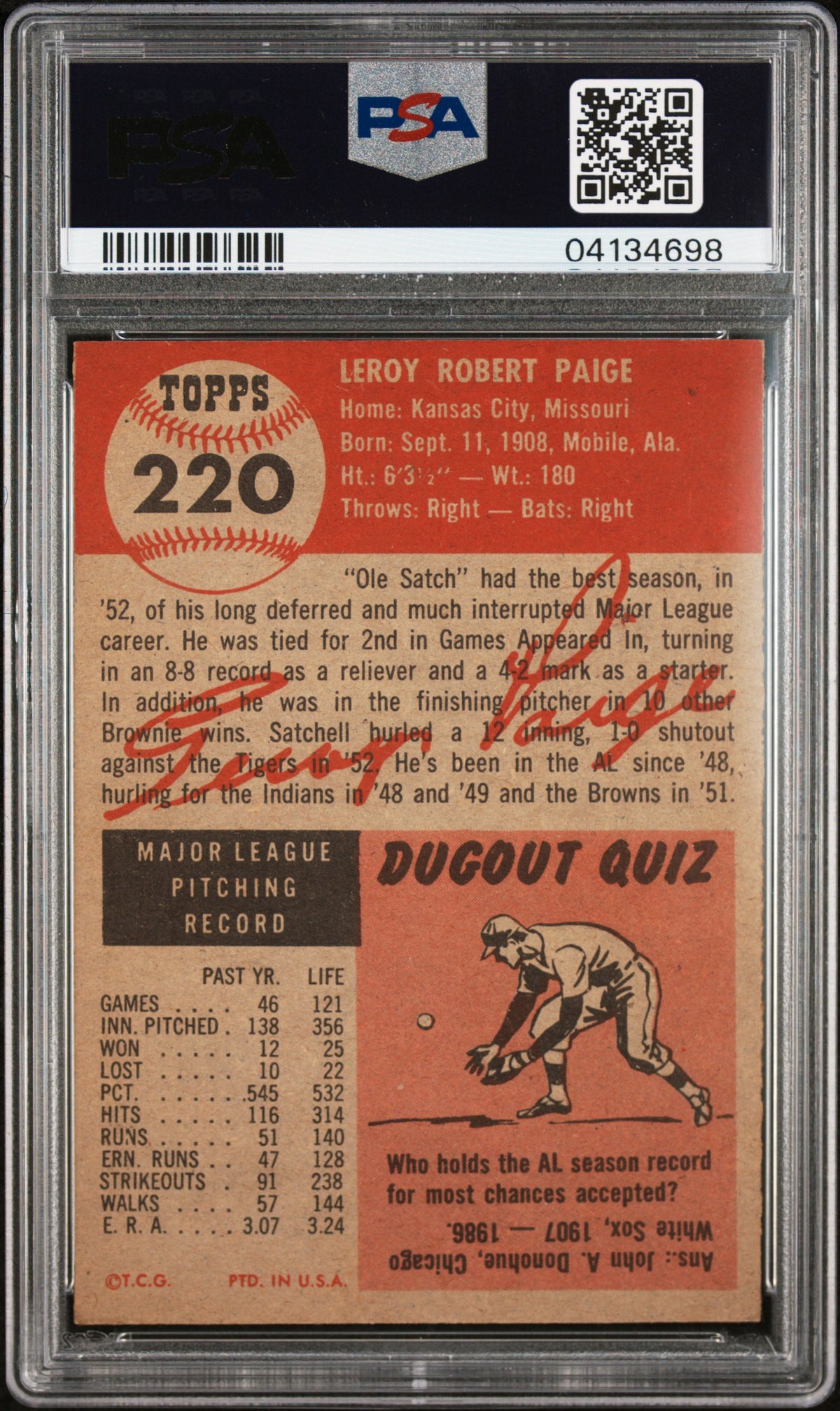 1953 Topps Satchell Paige #220 PSA 8
