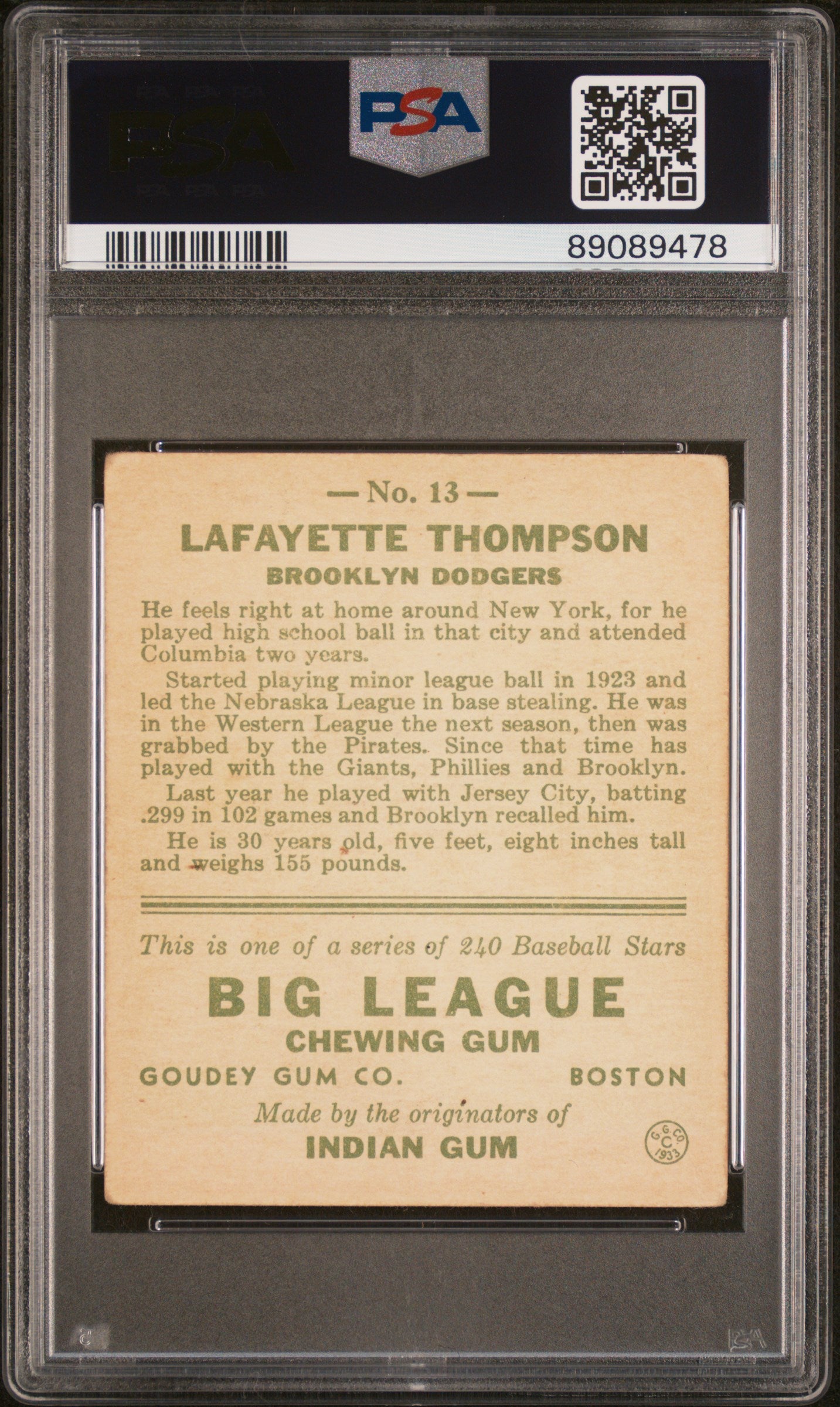 1933 Goudey Lafayette Thompson #13 PSA 3