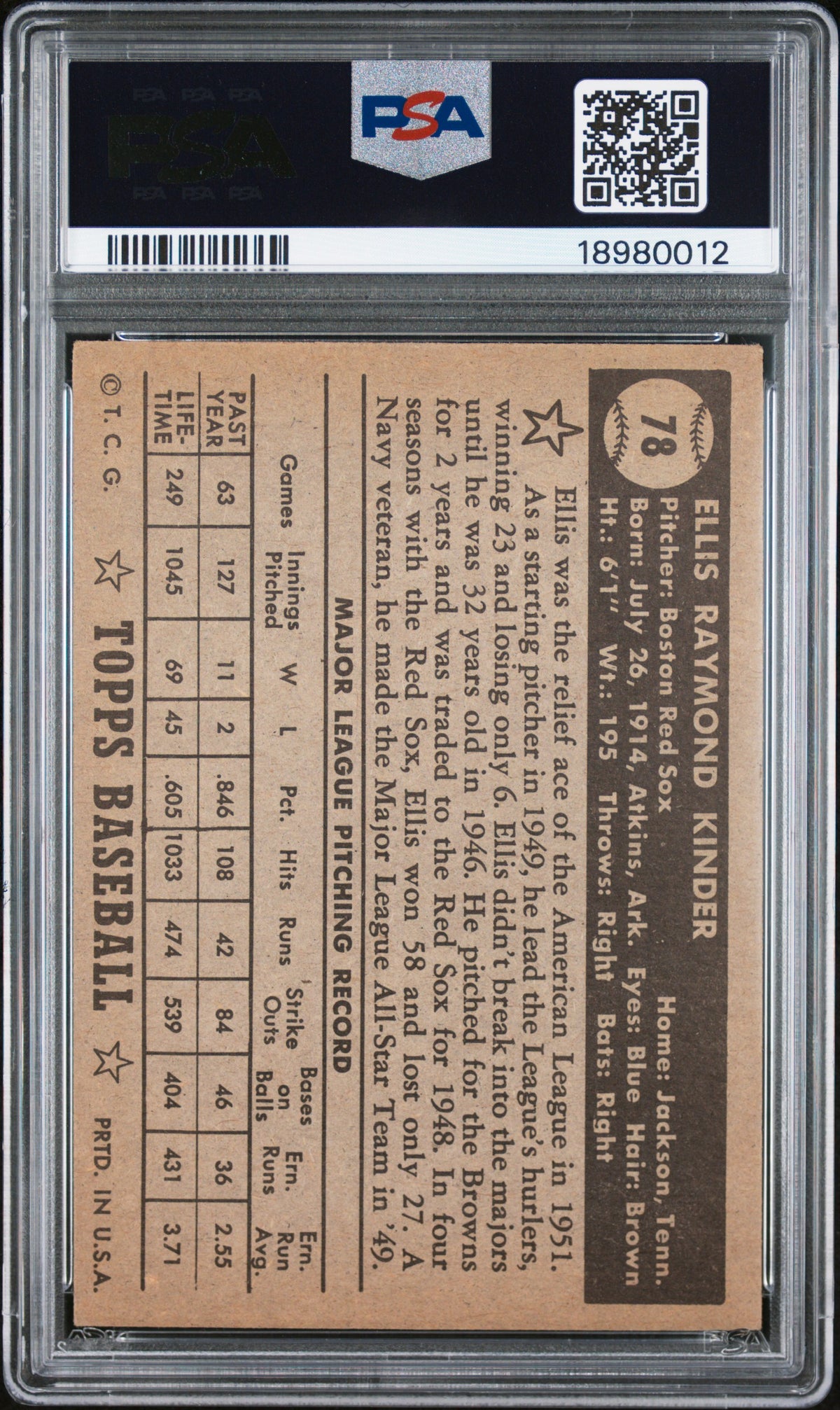 1952 Topps Ellis Kinder #78 Black Back PSA 7