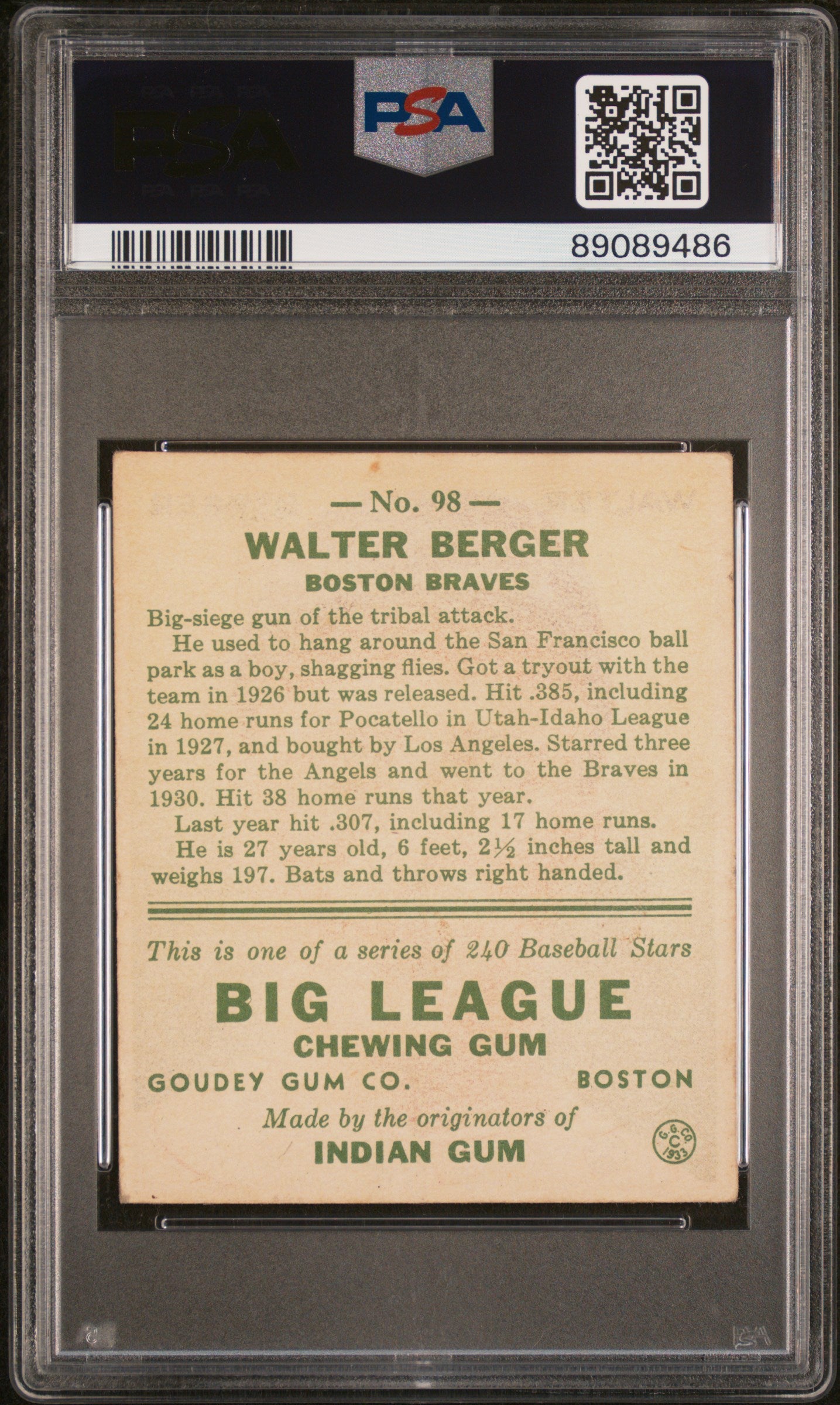 1933 Goudey Walter Berger #98 PSA 4.5