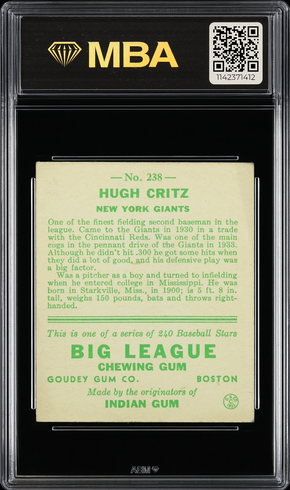 1933 Goudey Hugh Critz #238 MBA 4