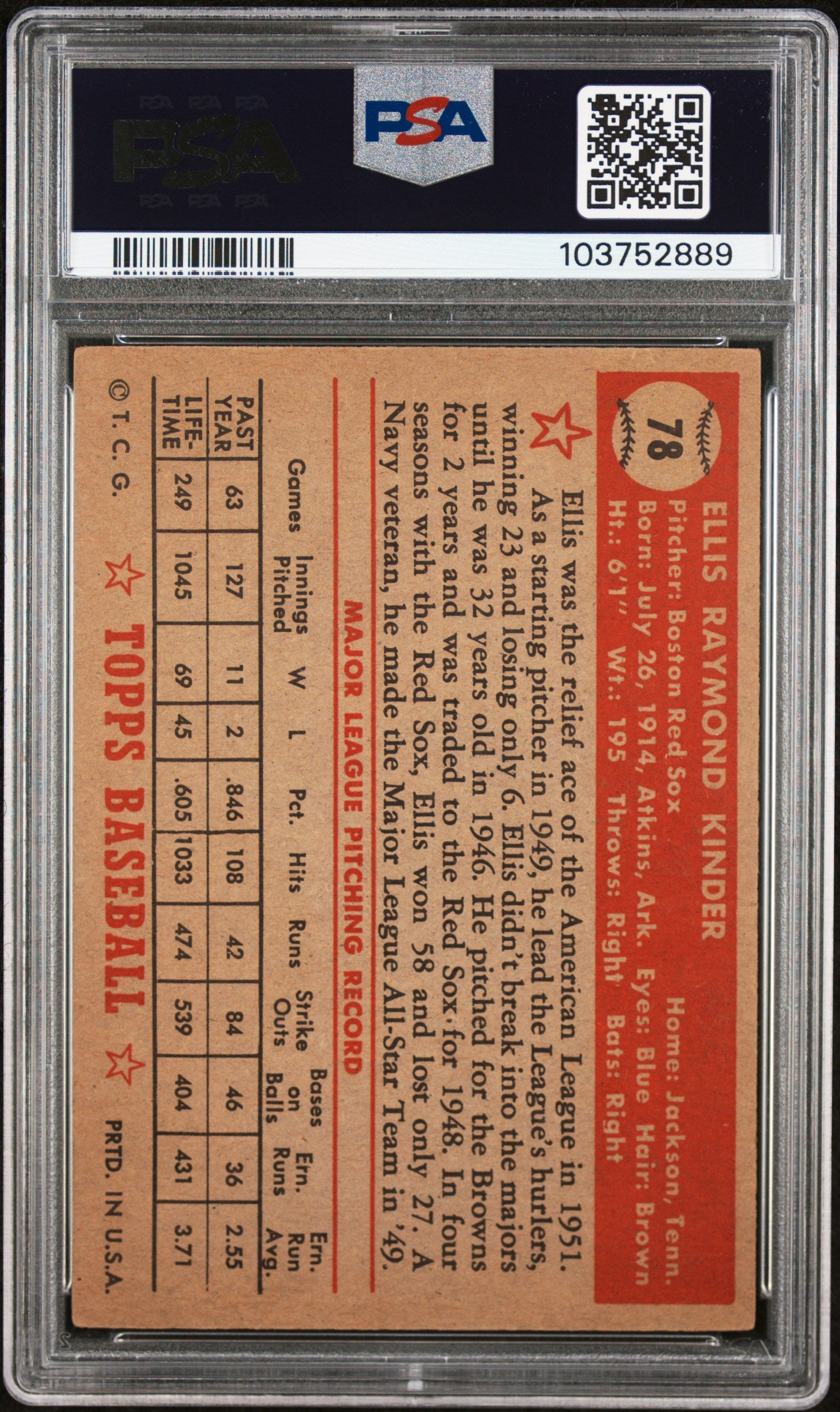 1952 Topps Ellis Kinder #78 PSA 4