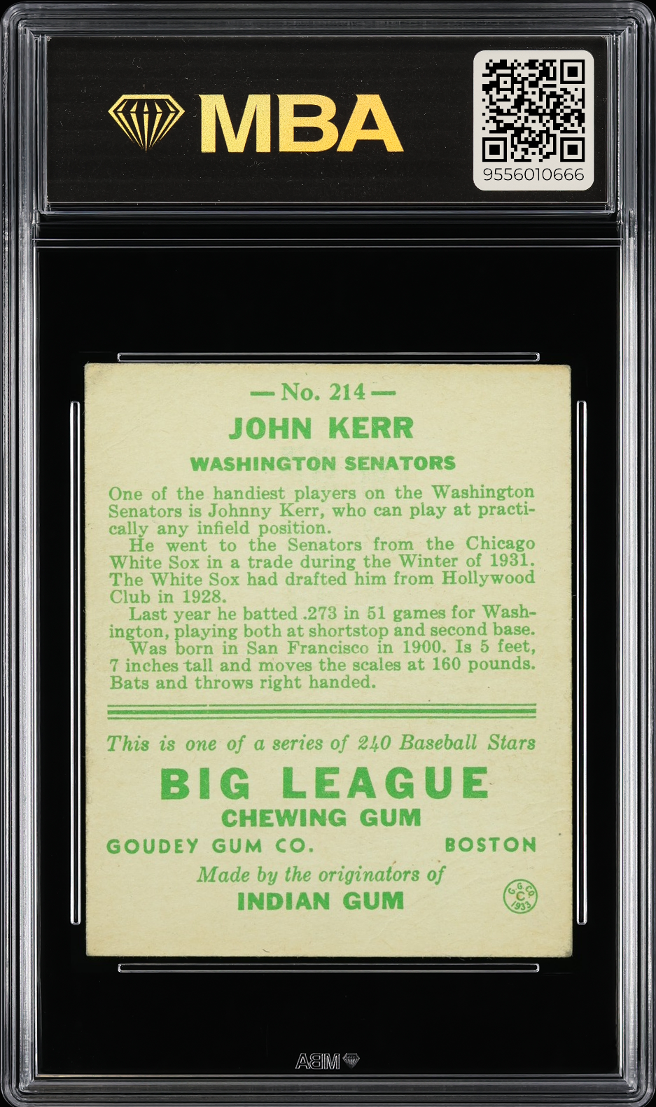 1933 Goudey John Kerr #214 MBA 3