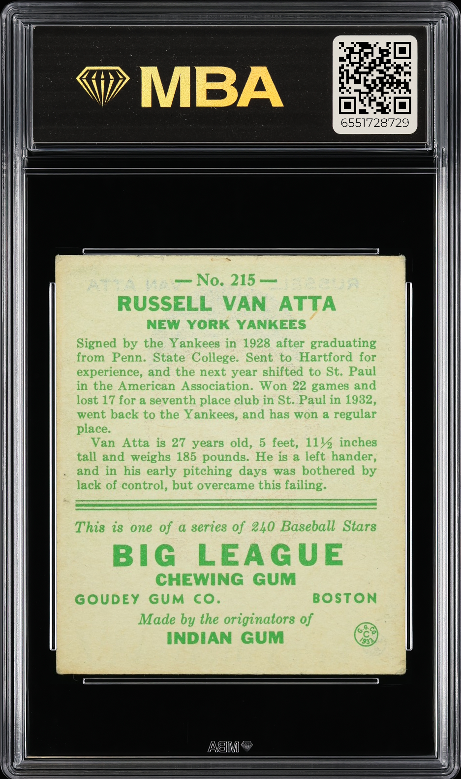 1933 Goudey Russell Van Atta #215 MBA 4