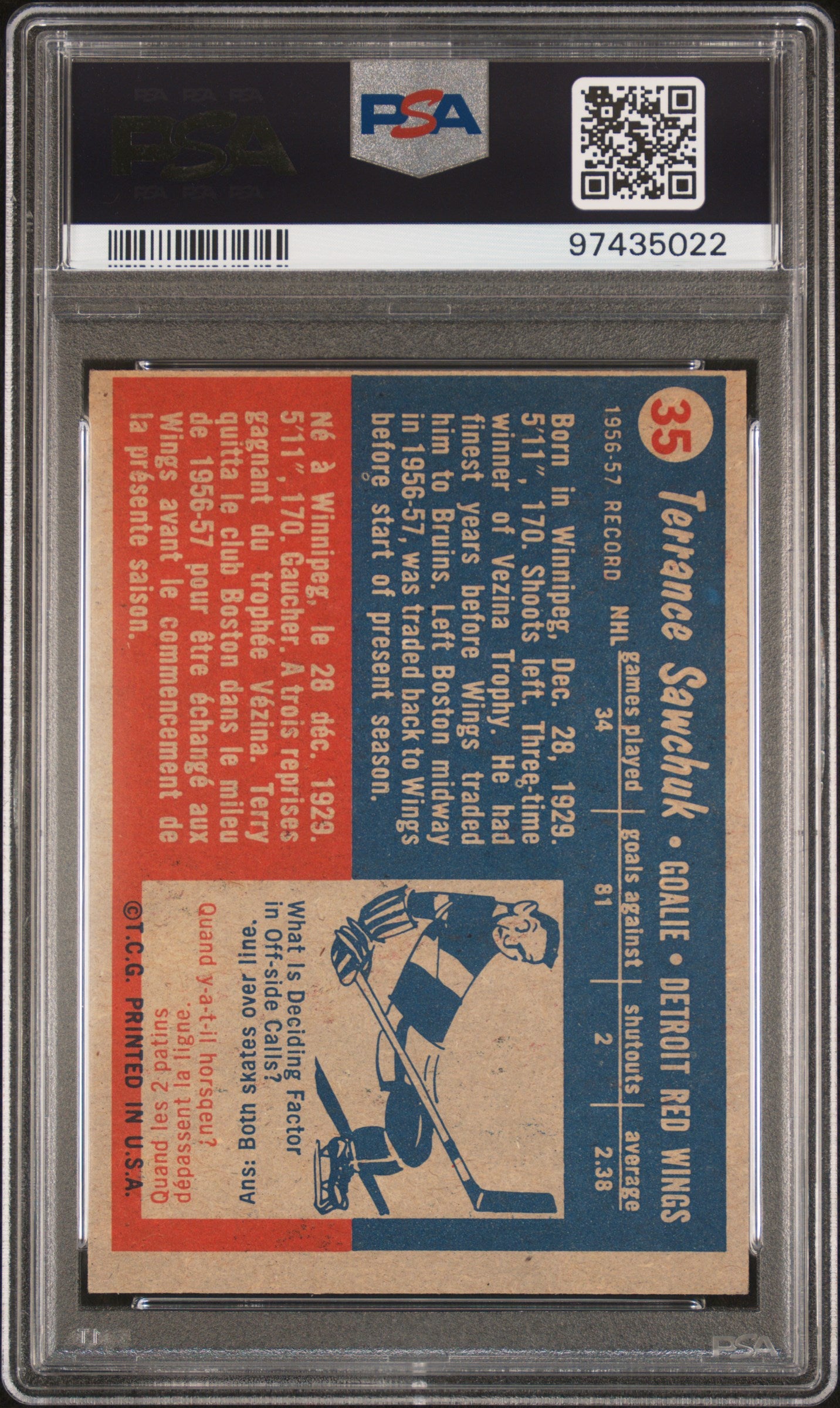 1957 Topps Terry Sawchuk #35 Sawchuck Misspelled PSA 5
