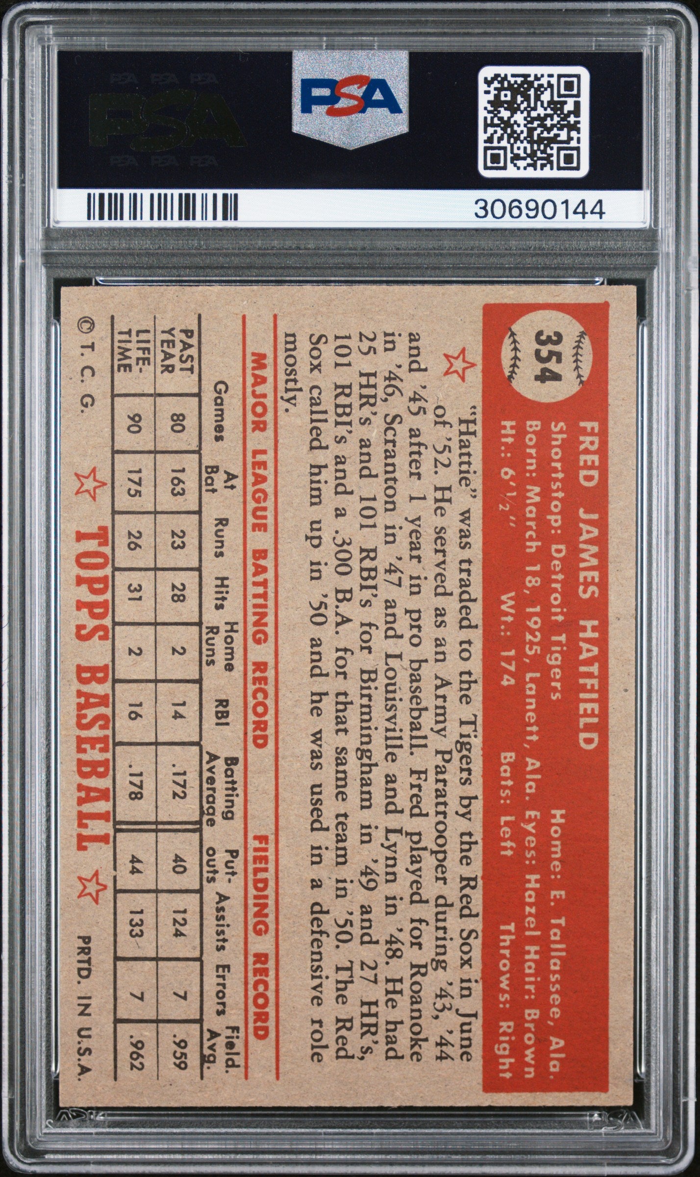 1952 Topps Fred Hatfield #354 PSA 7