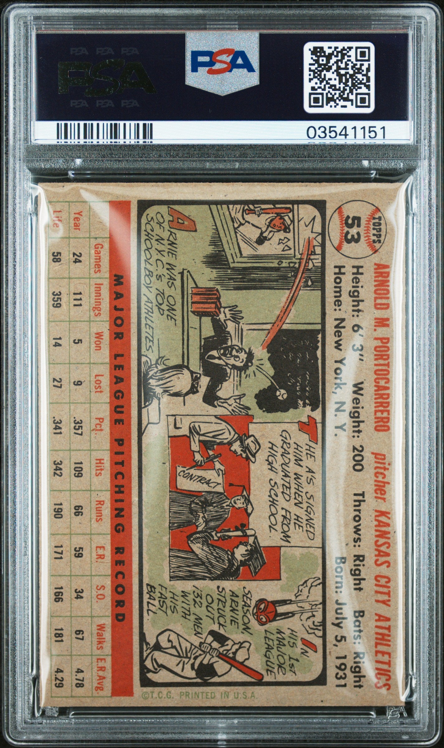 1956 Topps Arnold Portocarrero #53 Gray Back PSA 7