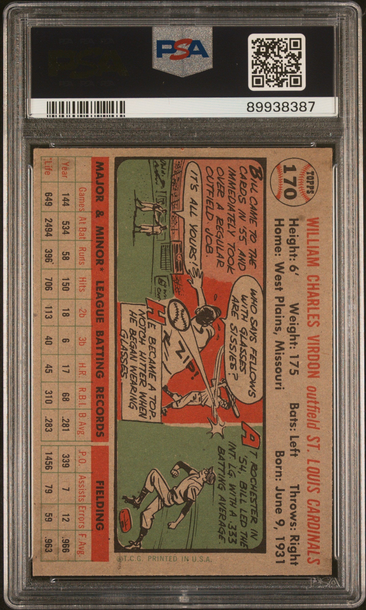 1956 Topps Bill Virdon #170 Gray Back PSA 7