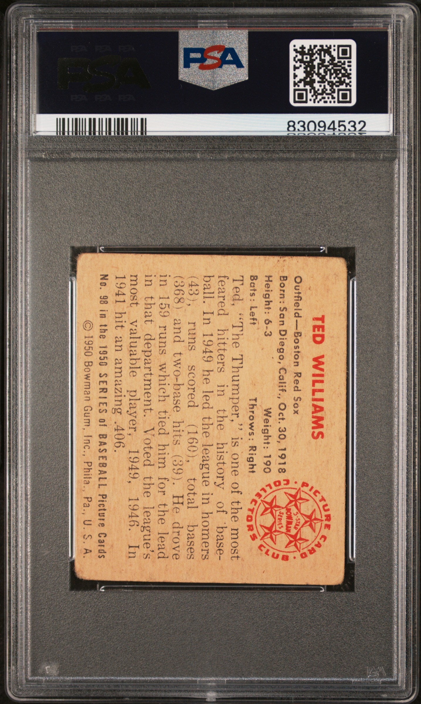 1950 Bowman Ted Williams #98 PSA 1.5
