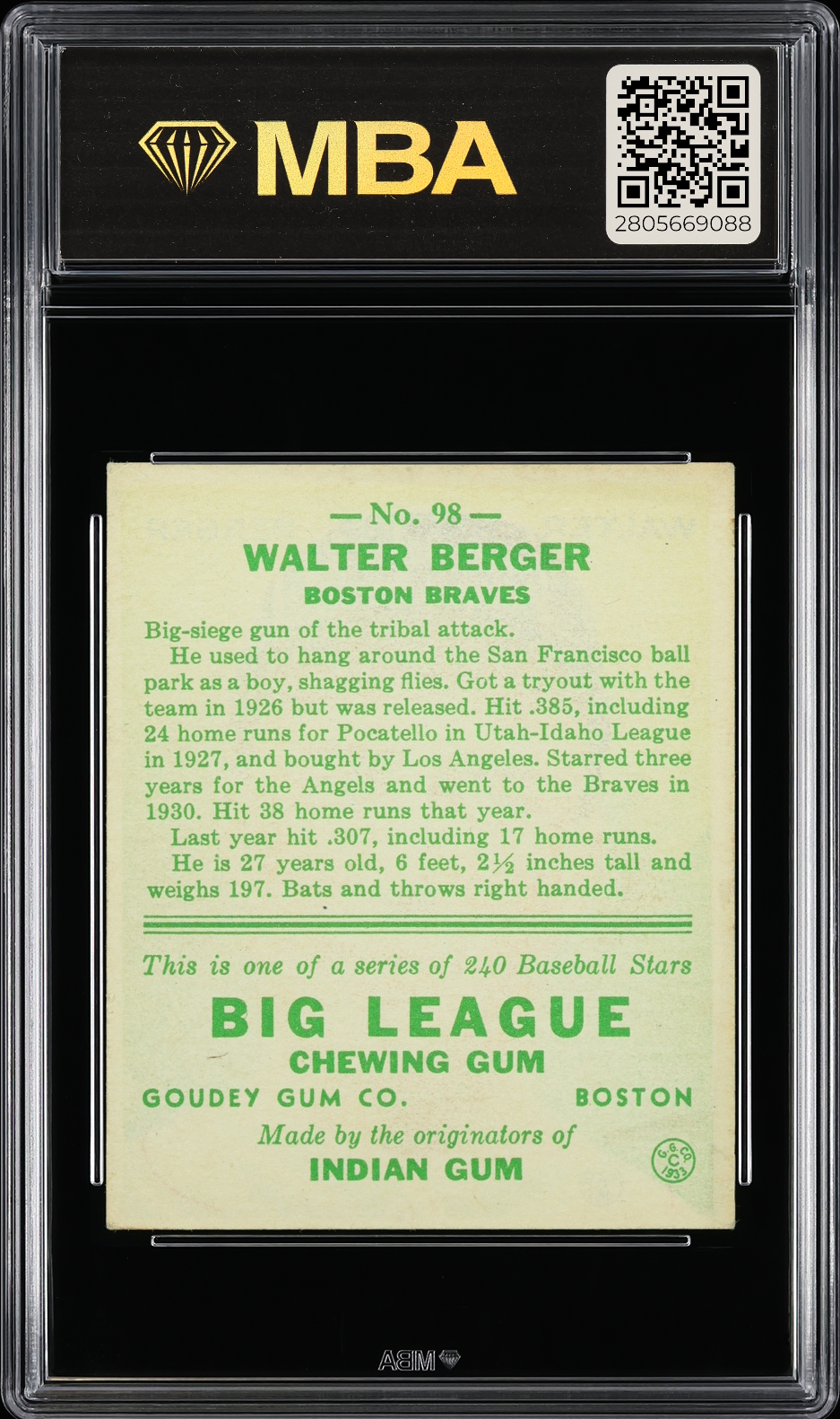 1933 Goudey Walter Berger #98 MBA 4