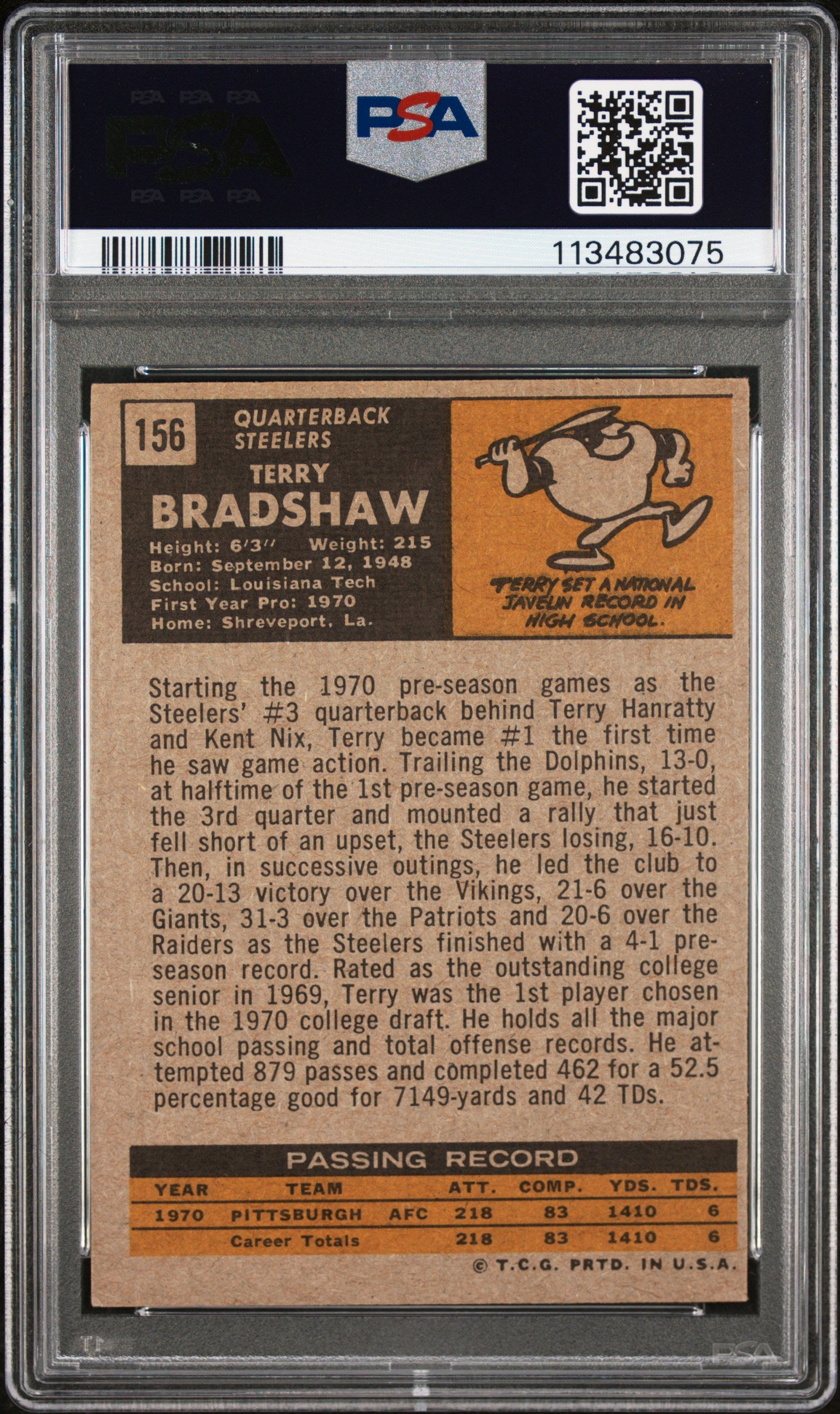 1971 Topps Terry Bradshaw #156 PSA 3